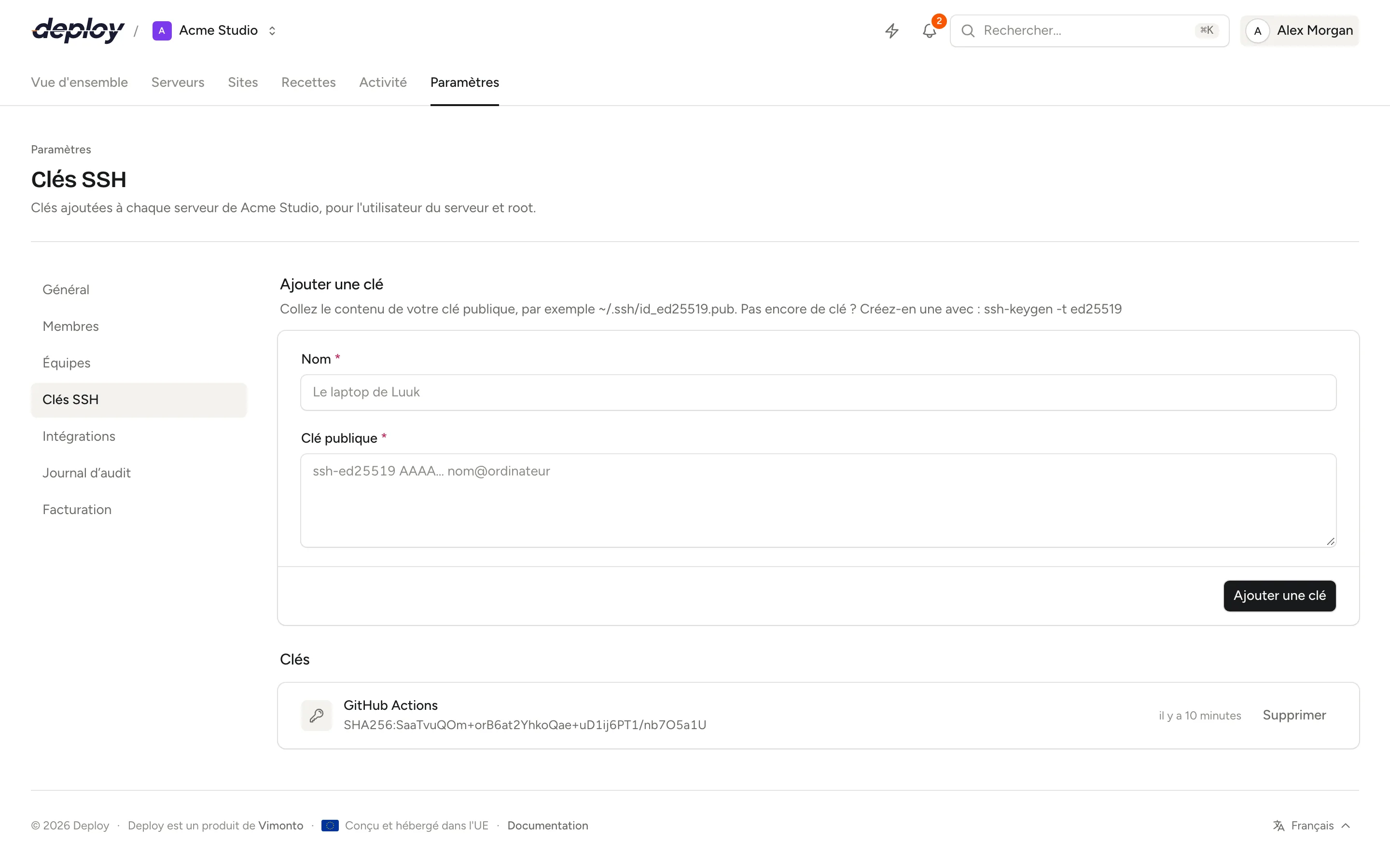 La page des clés SSH de l'organisation dans les paramètres