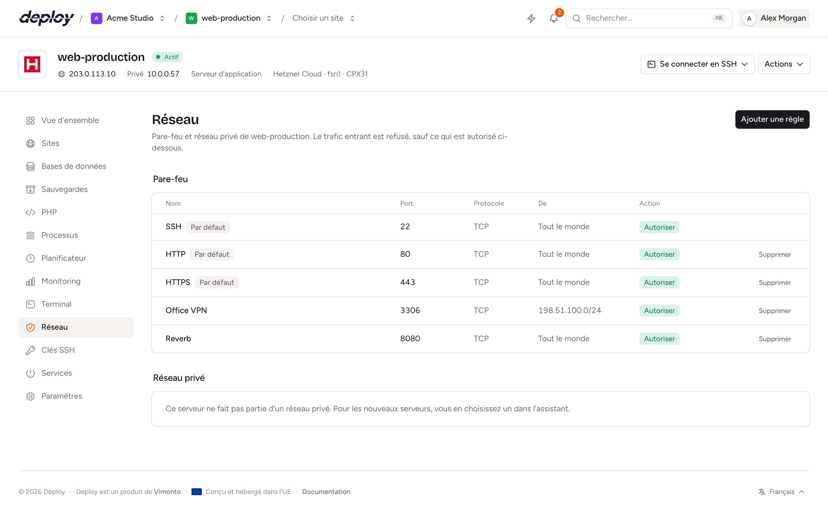 La page Réseau avec les règles SSH, HTTP et HTTPS par défaut et une règle MySQL pour le réseau privé
