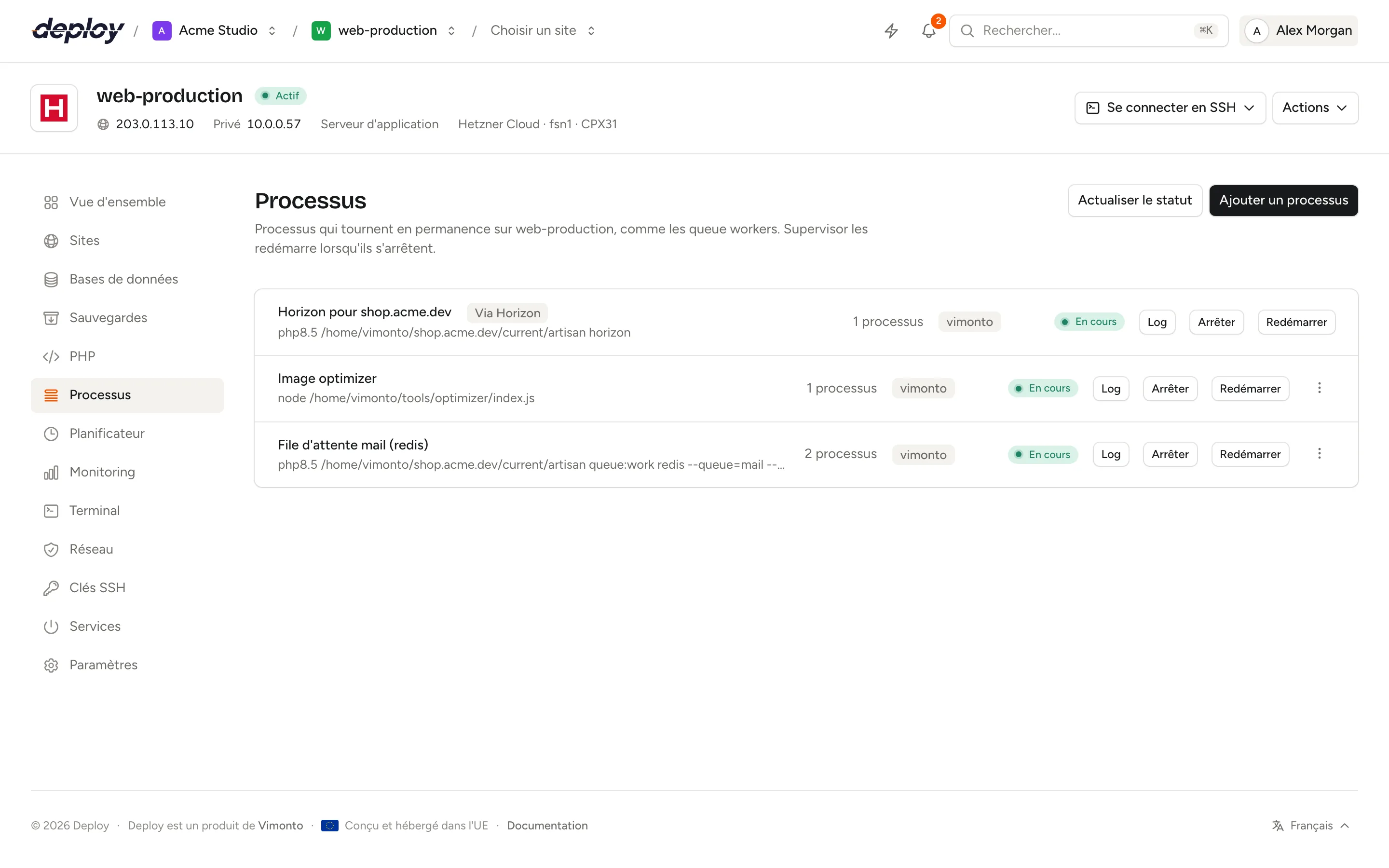 La page Processus avec un queue worker qui fait tourner deux processus