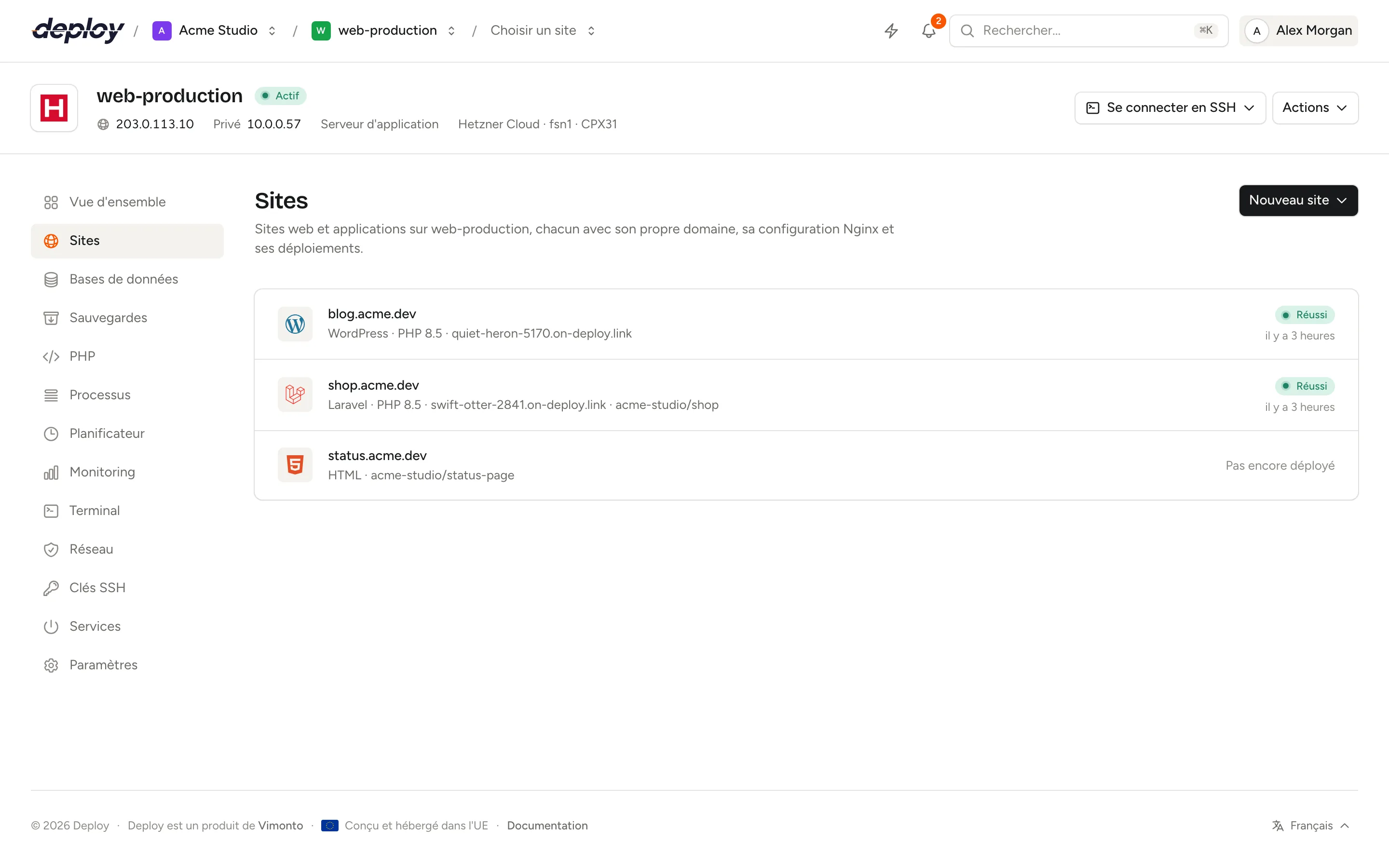 Les sites d'un serveur avec leurs domaines et leurs derniers déploiements