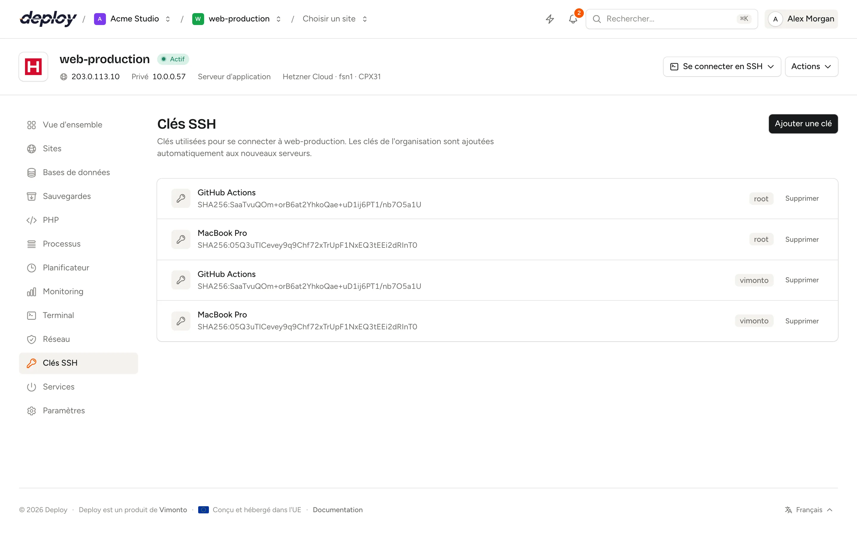 La page des clés SSH d'un serveur listant les clés avec leur utilisateur et leur empreinte