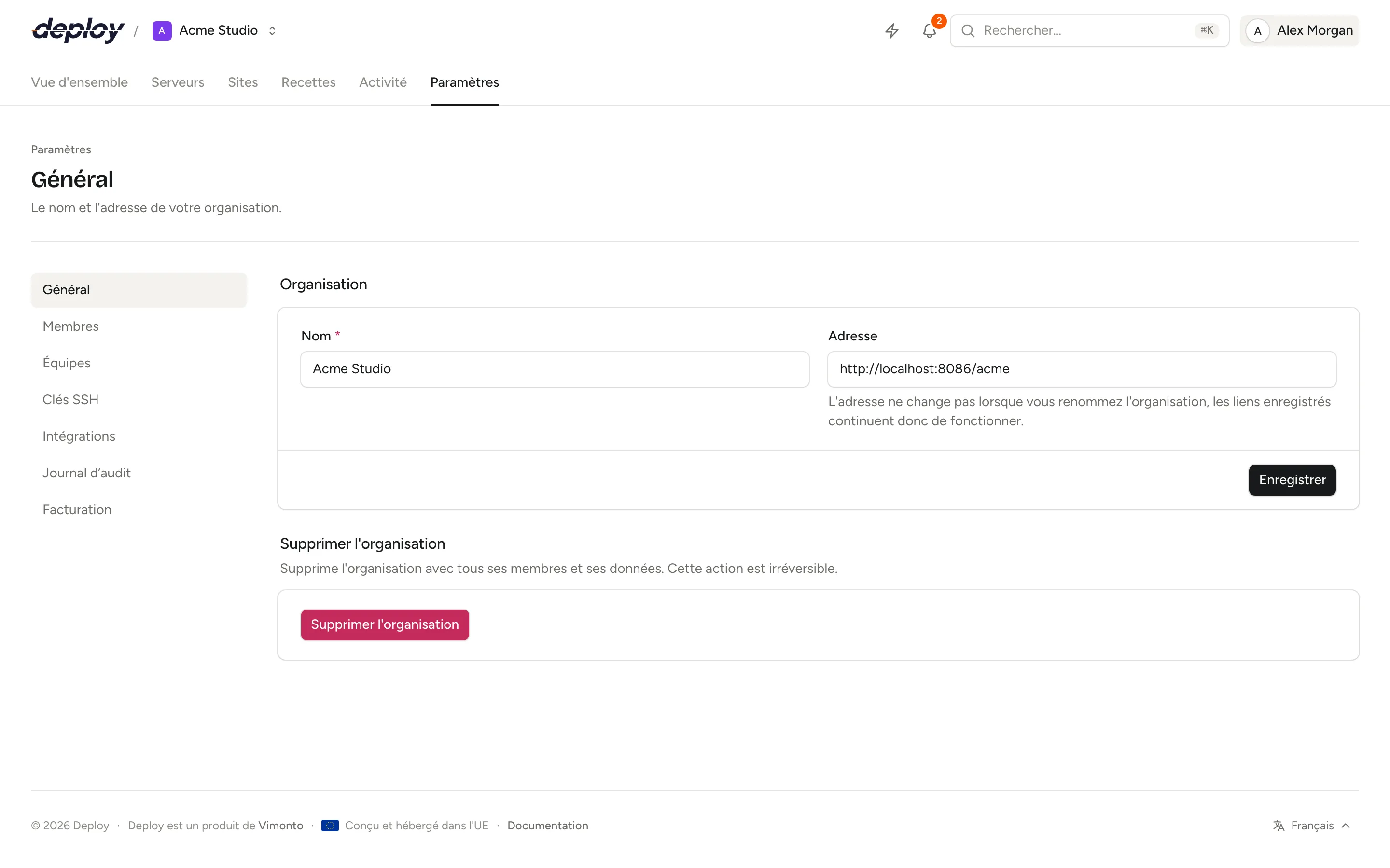 Les paramètres généraux d'une organisation avec son nom et son adresse