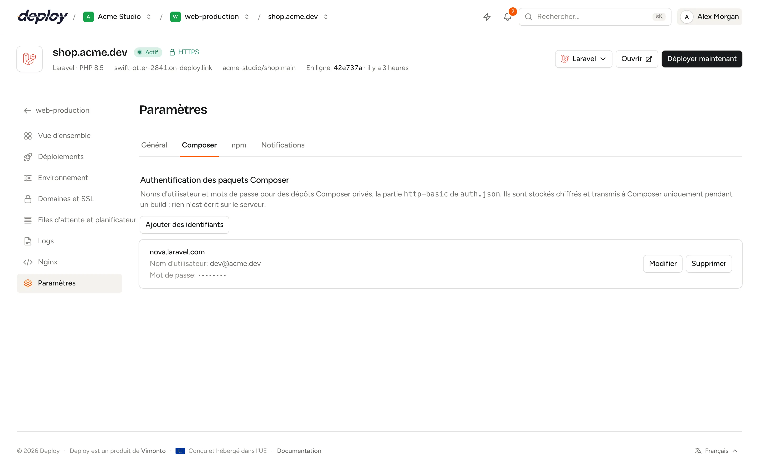 L'onglet Composer des paramètres d'un site avec des identifiants enregistrés pour repo.packagist.com