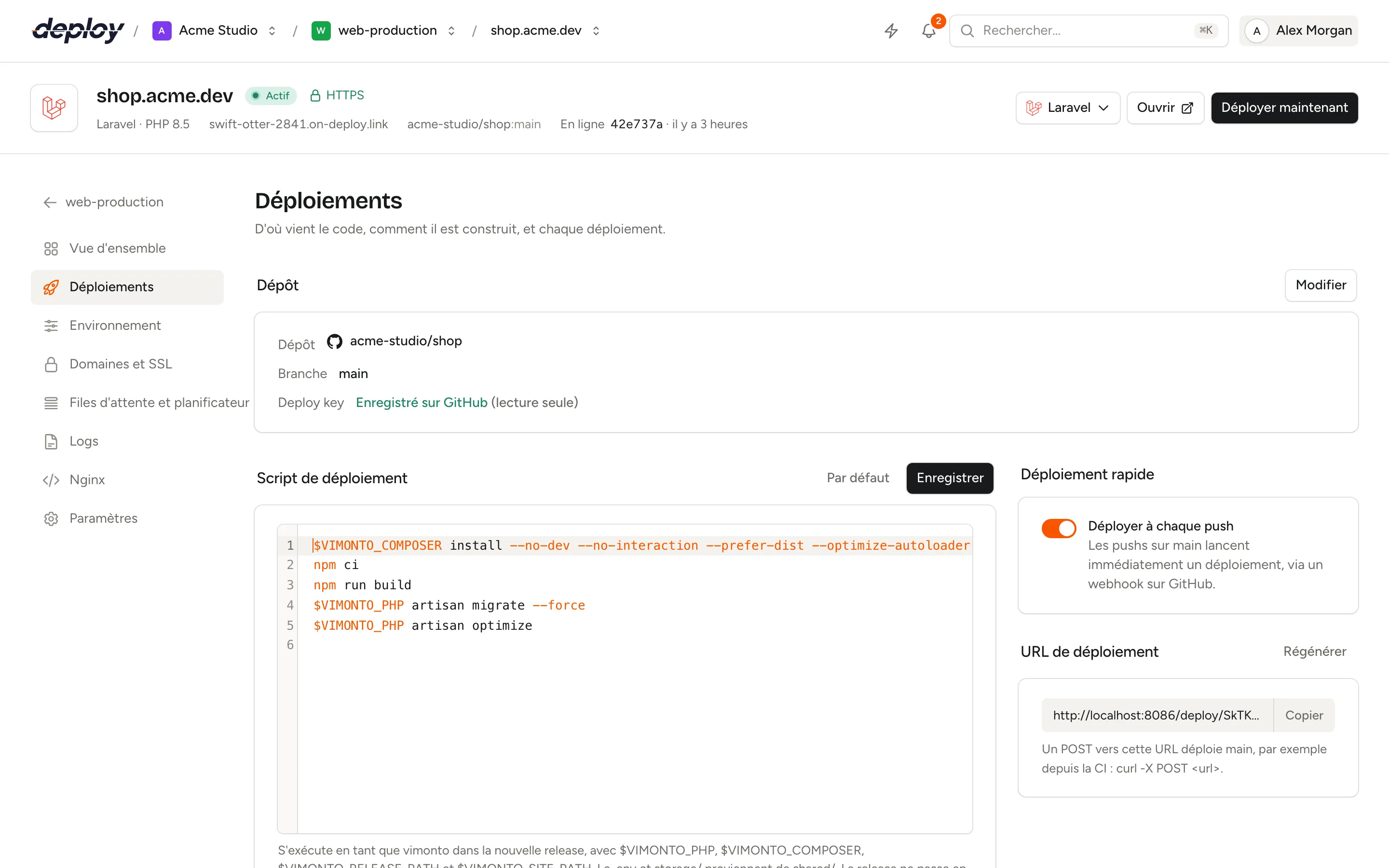 La page Déploiements avec le dépôt, le script de déploiement, le déploiement rapide, l'URL de déploiement et la liste des déploiements