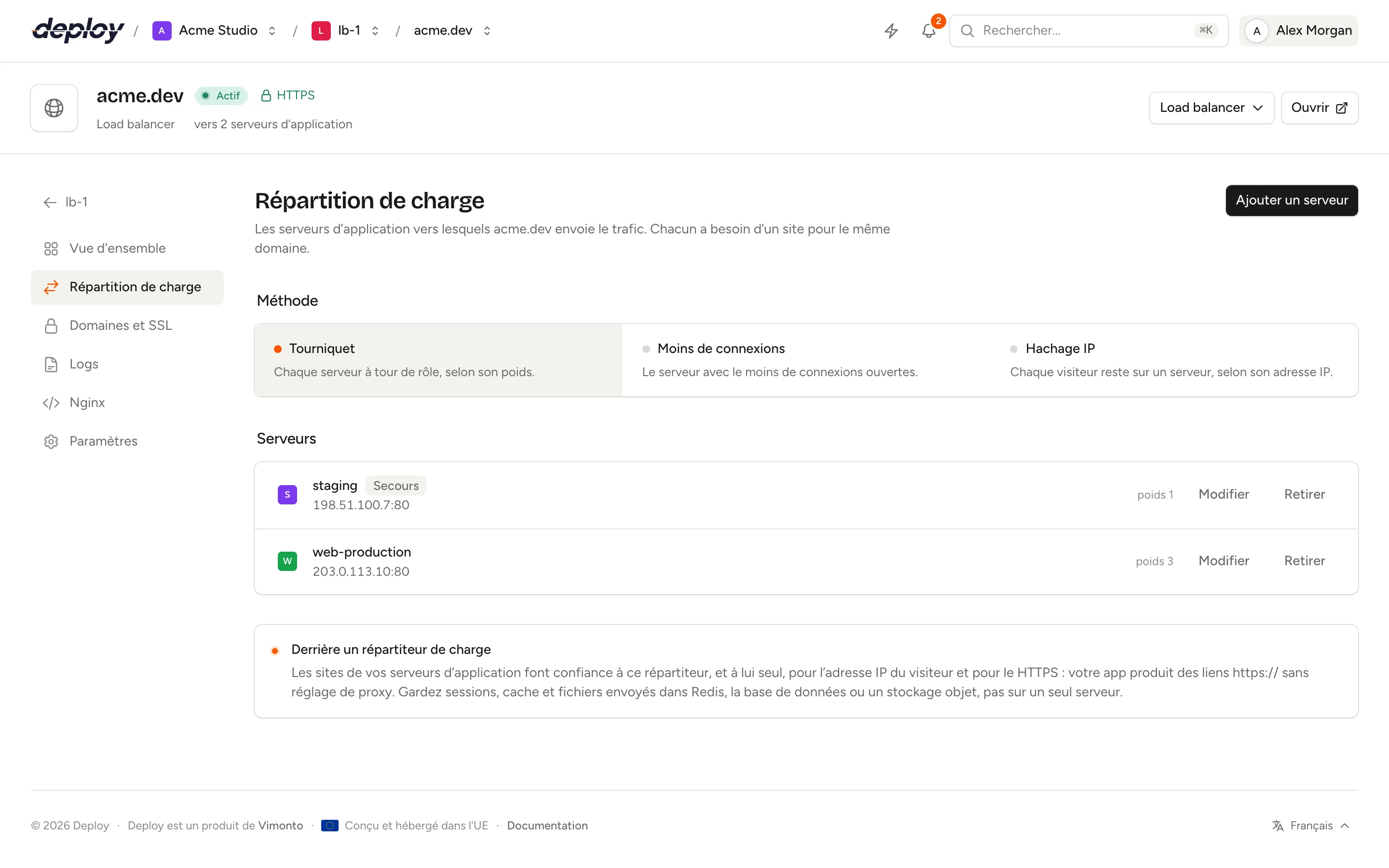 La page Répartition de charge d'un site avec la méthode de répartition, deux serveurs d'application et leurs poids