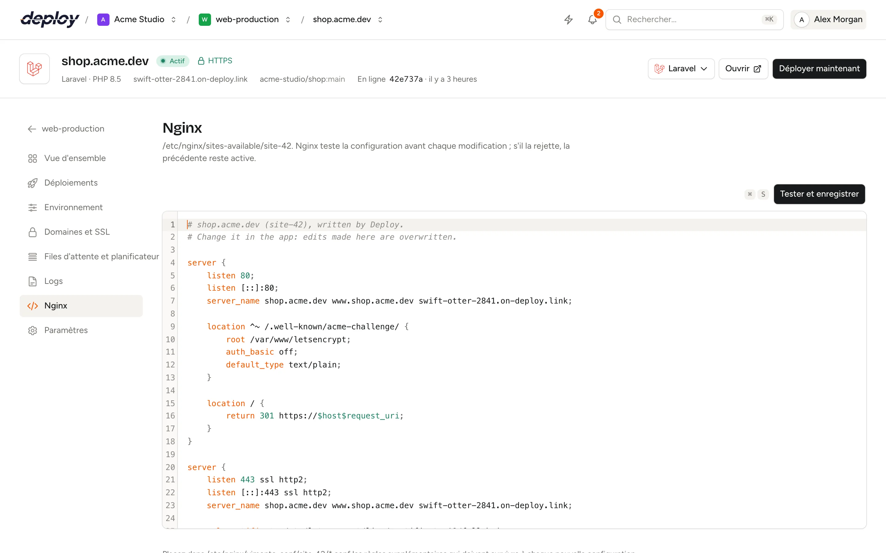 La page Nginx d'un site avec les server blocks générés dans un éditeur de code et le bouton Tester et enregistrer