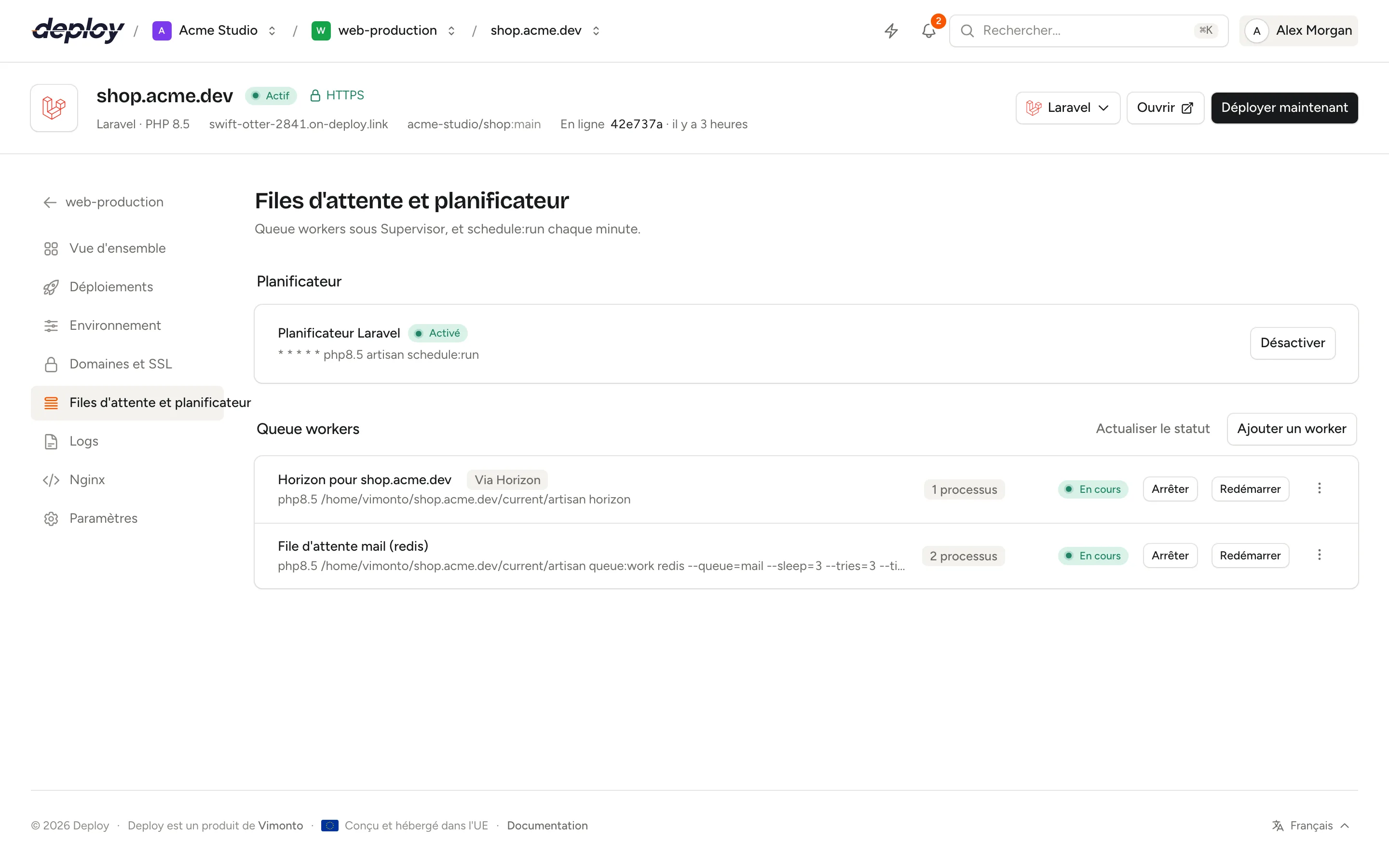 La page Files d'attente et planificateur avec le planificateur activé et deux queue workers en cours