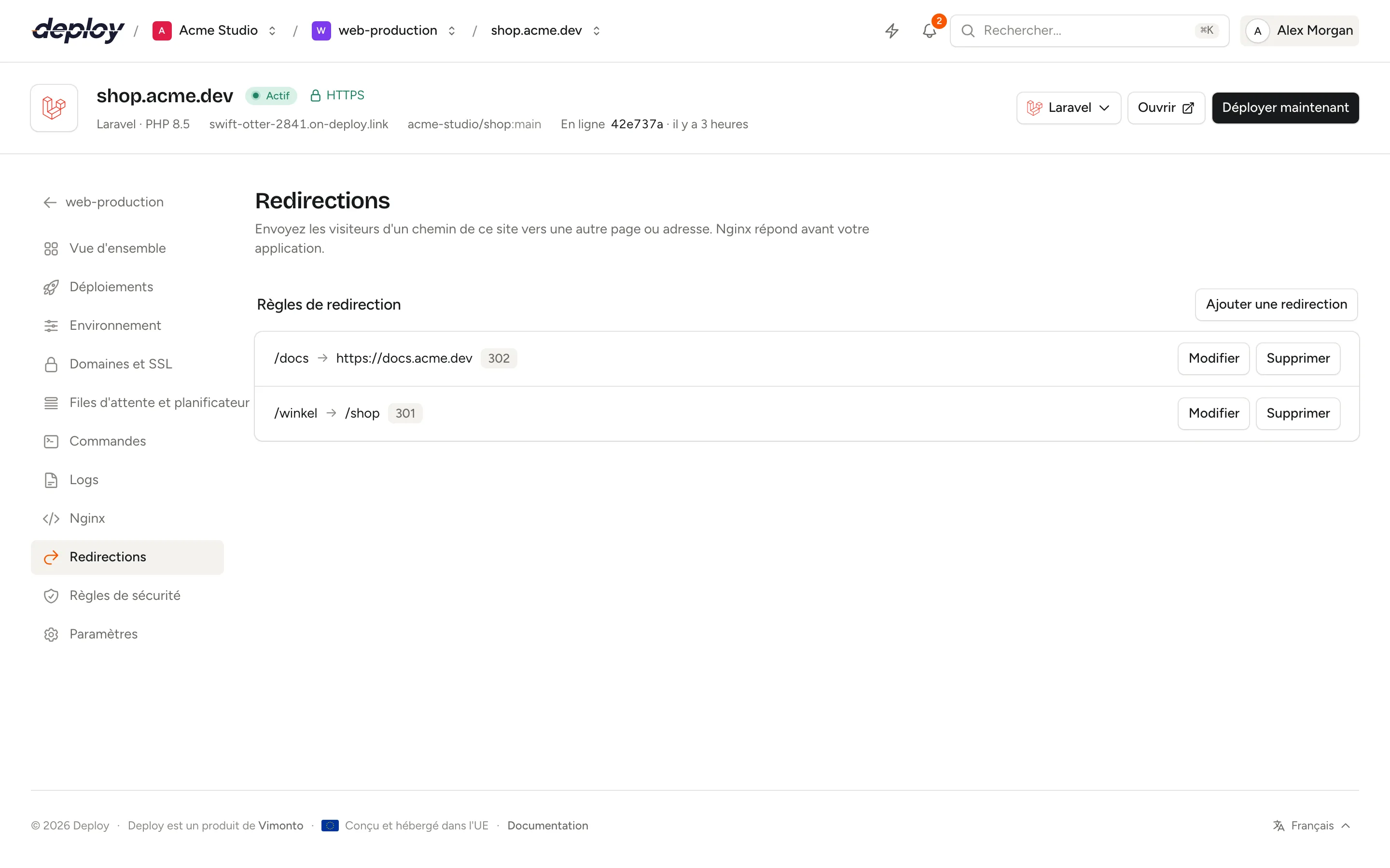 La page Redirections d'un site avec des règles de redirection d'anciens chemins vers de nouvelles pages et leur type