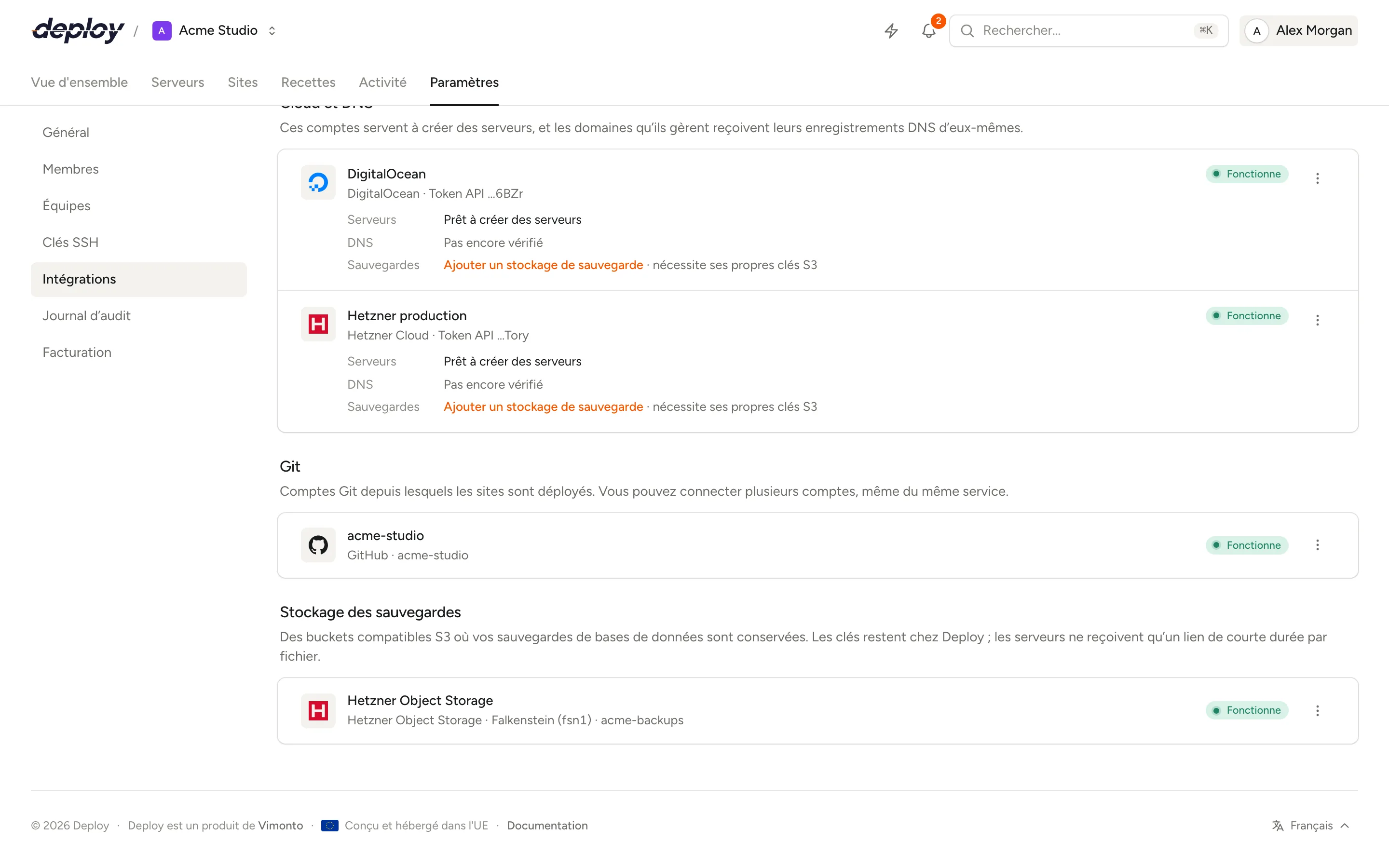 La section Git avec les comptes GitHub, GitLab et Bitbucket connectés