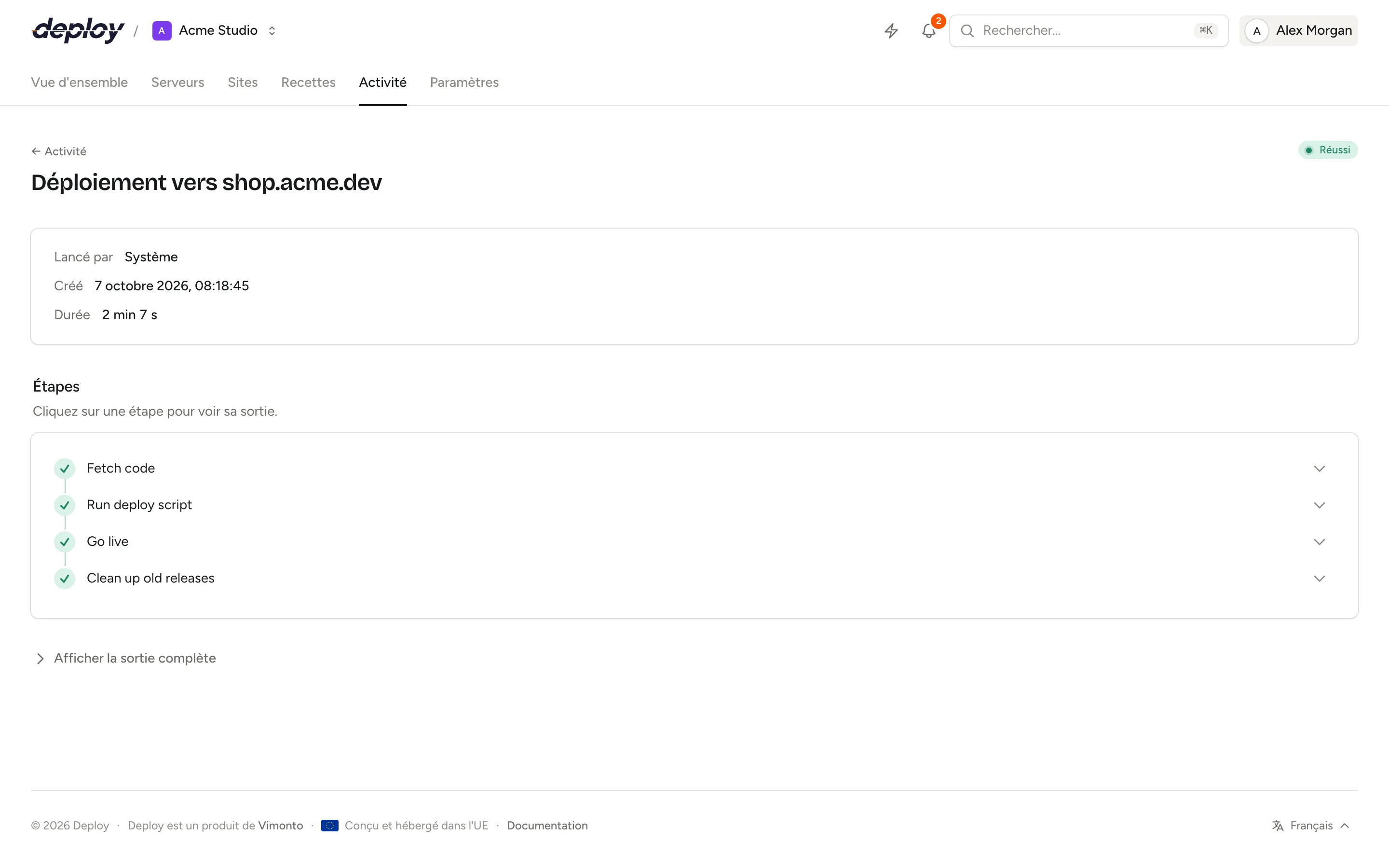 La page de détail d'une tâche avec ses étapes, leur statut et la sortie de chaque étape