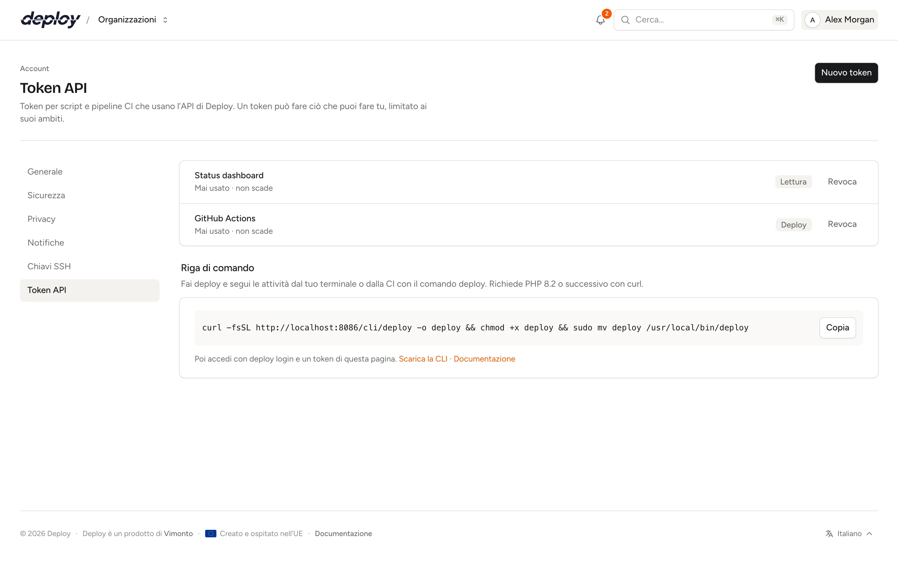 La pagina Token API nelle impostazioni account