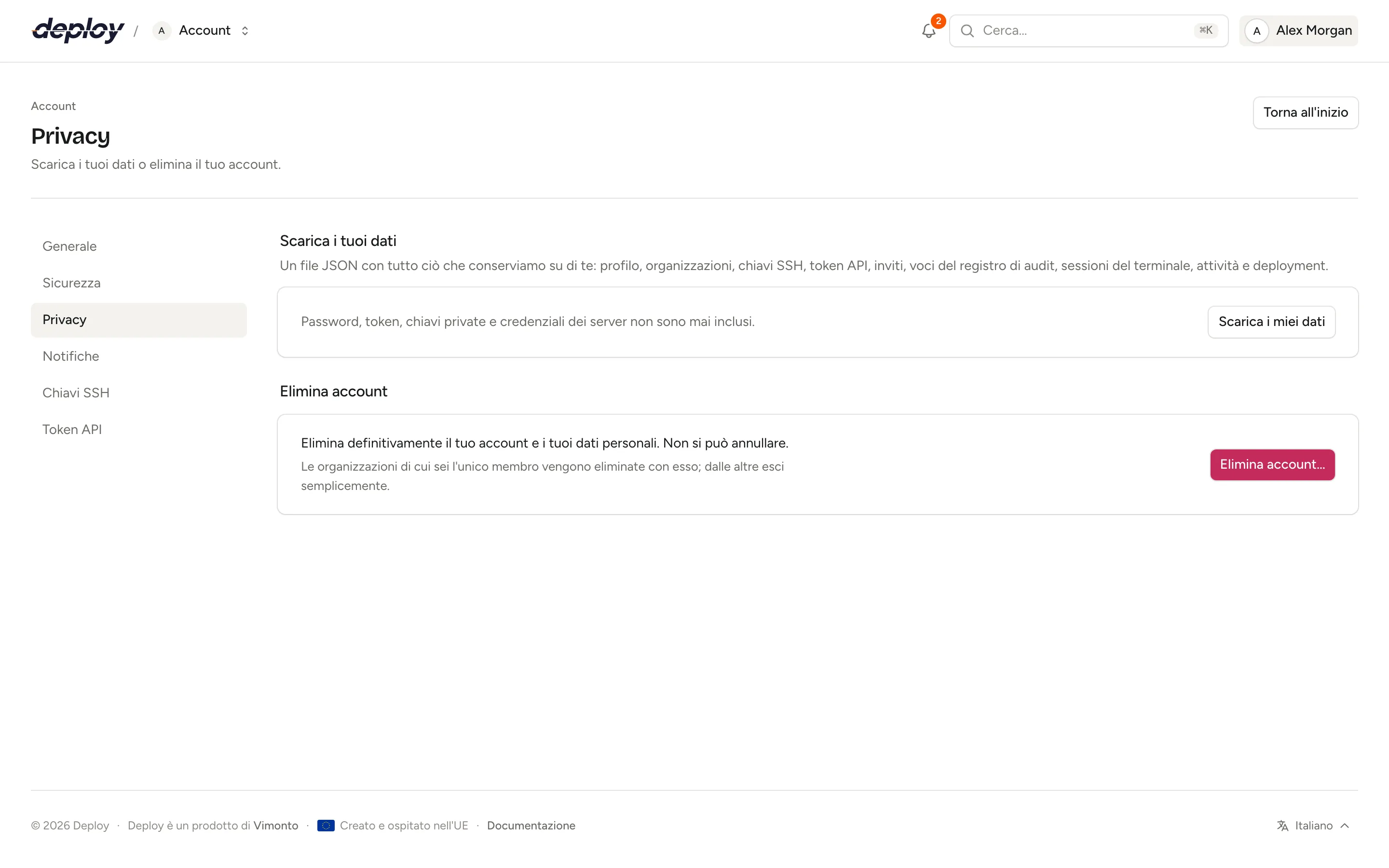 La pagina privacy con il download dei dati e l'eliminazione dell'account