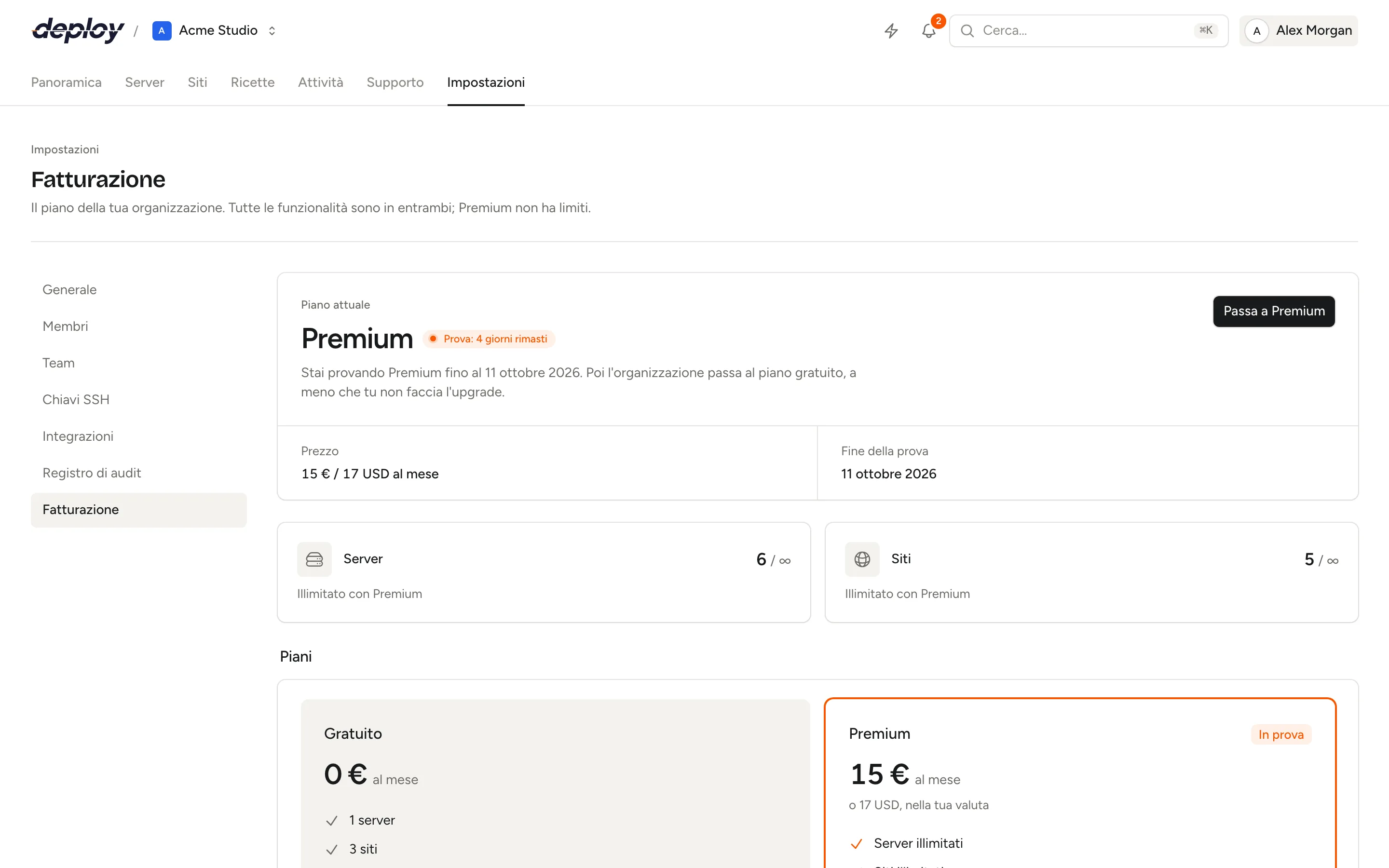 La pagina di fatturazione con il piano attuale, l'uso di server e siti e i due piani