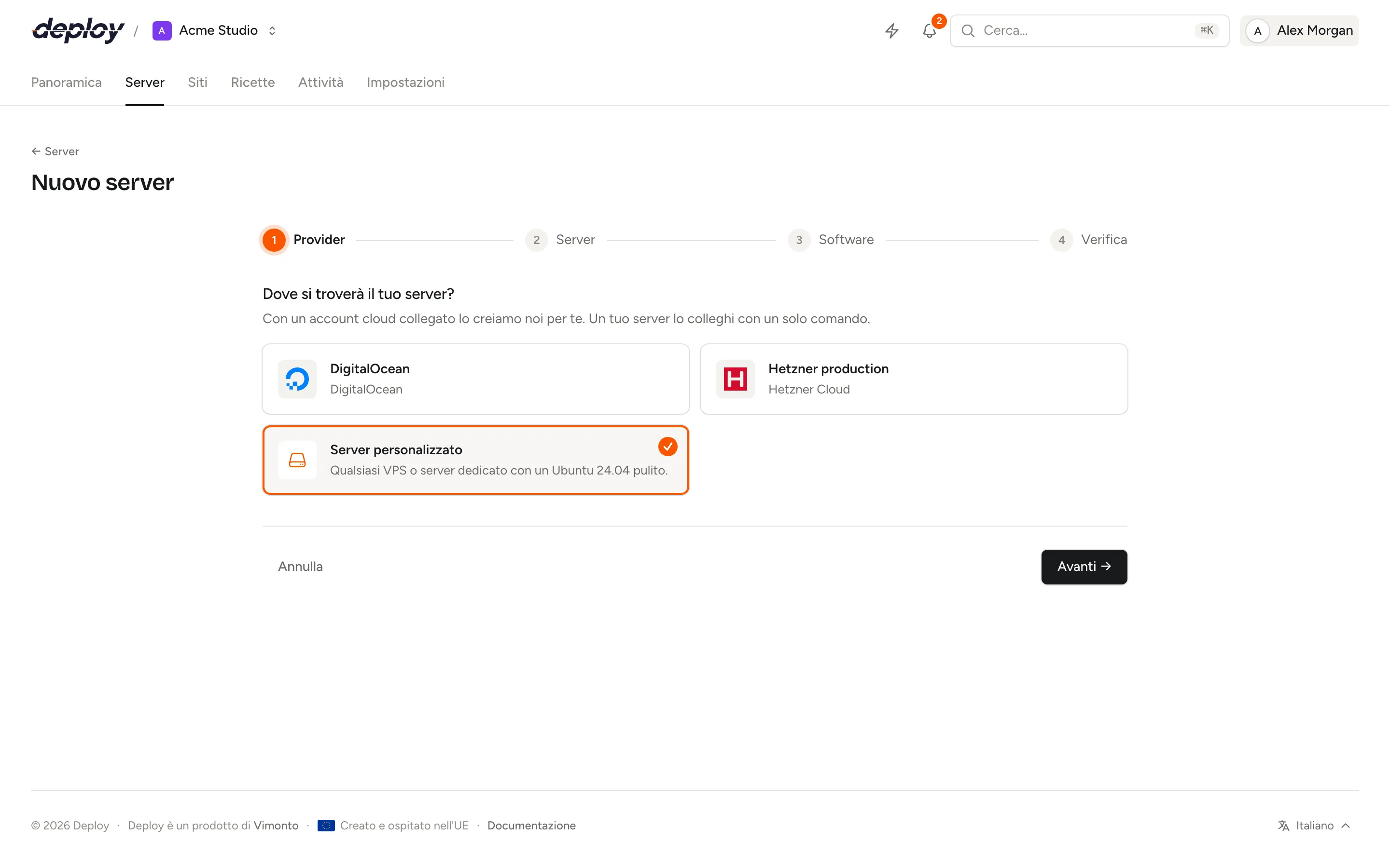 La procedura guidata per un nuovo server con Server personalizzato selezionato come provider