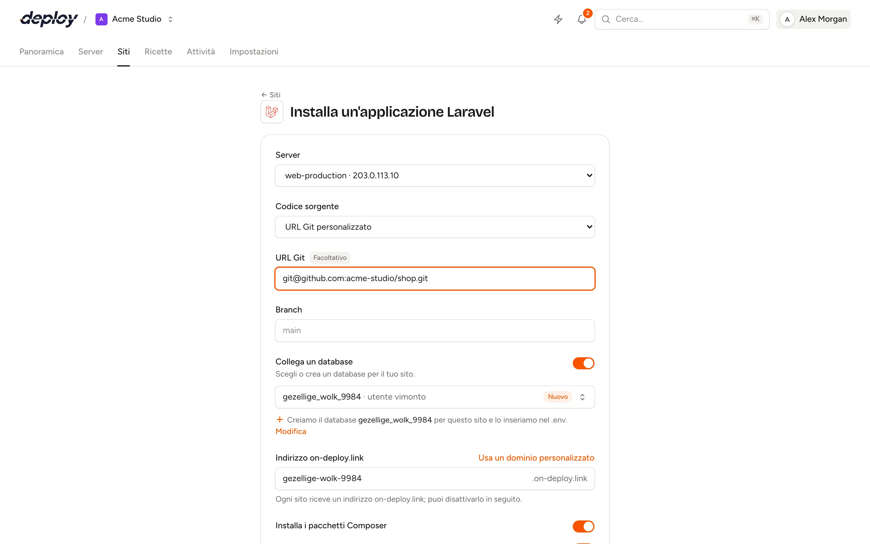 Il modulo del nuovo sito con server, repository, database e indirizzo generato compilati