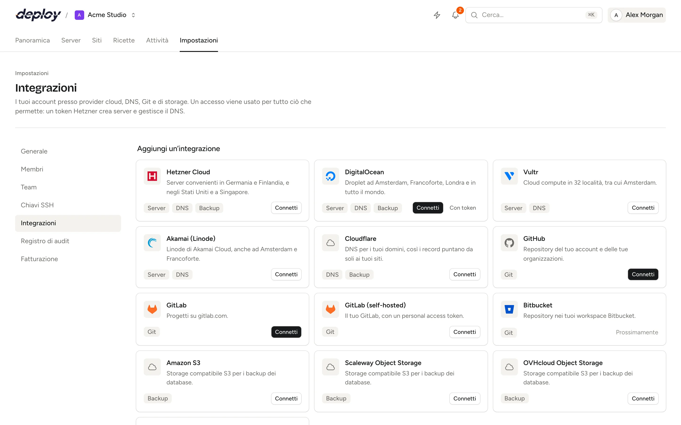 La pagina Integrazioni con il catalogo dei provider e gli account collegati