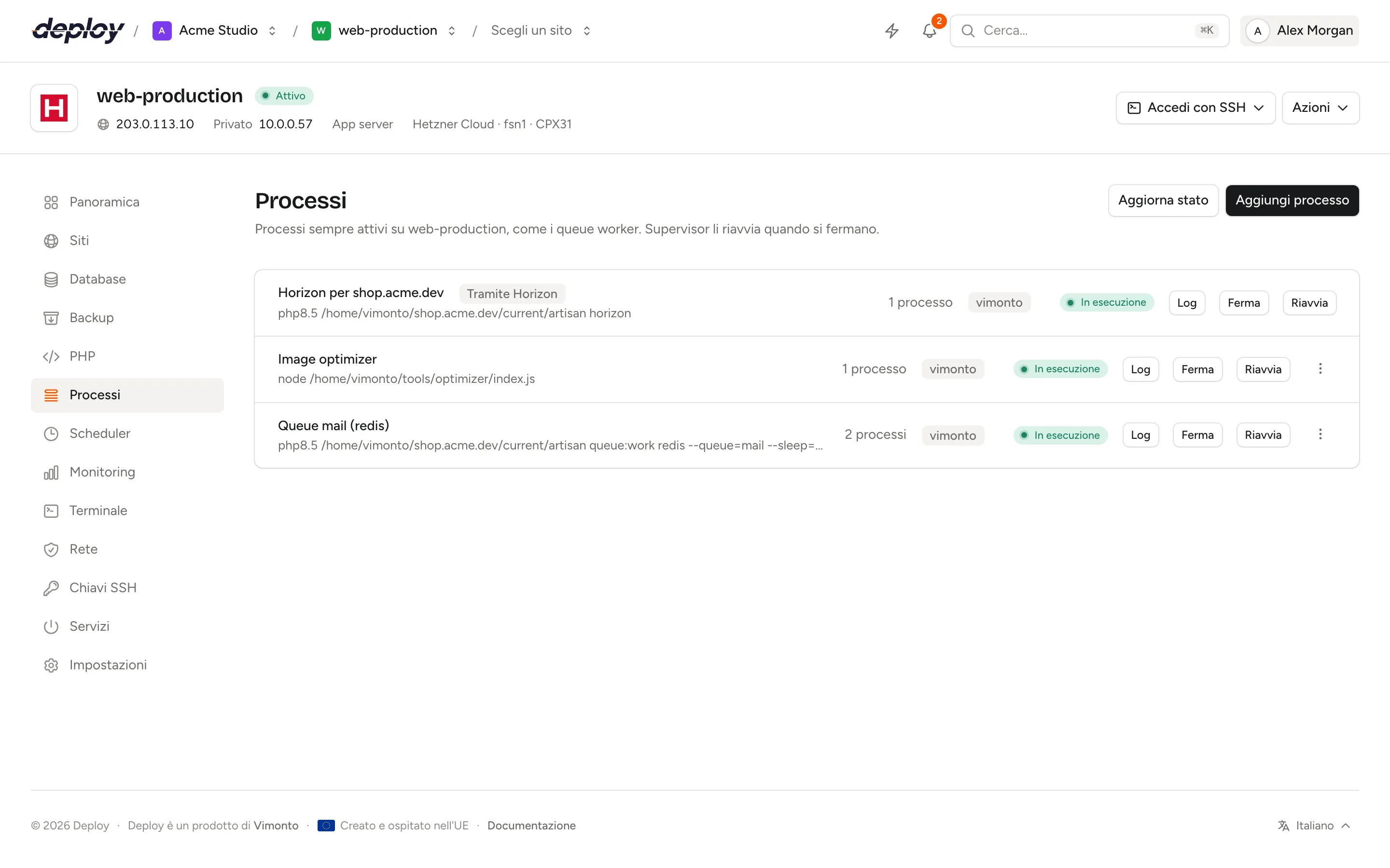 La pagina Processi con un queue worker che esegue due processi