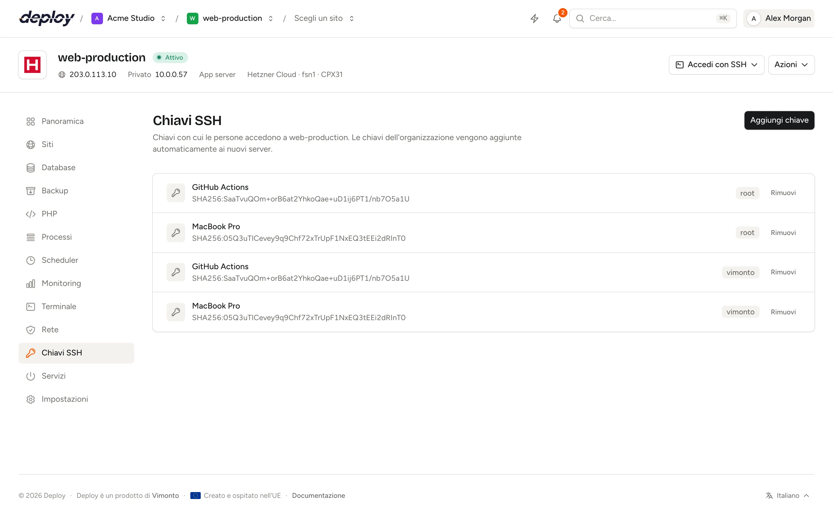 La pagina delle chiavi SSH di un server con l'elenco delle chiavi, il loro utente e la loro impronta