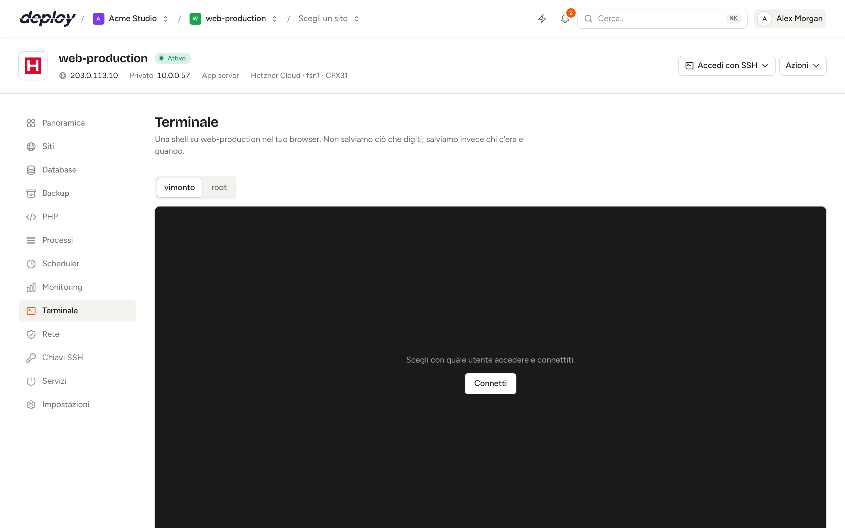 Il terminale nel browser connesso a un server come utente di sistema, con la scelta dell'utente sopra e l'elenco delle sessioni recenti sotto