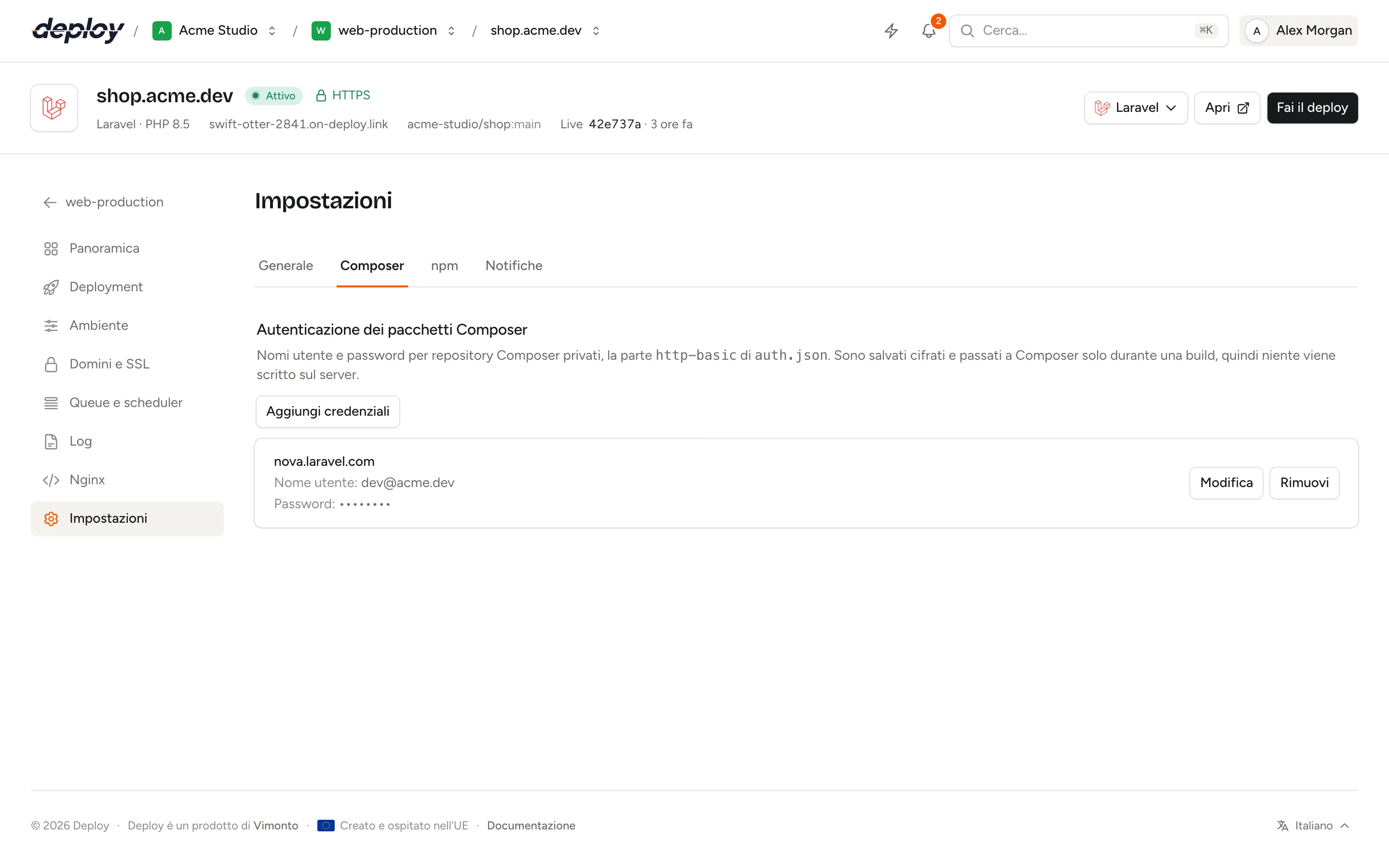 La scheda Composer delle impostazioni di un sito con credenziali salvate per repo.packagist.com