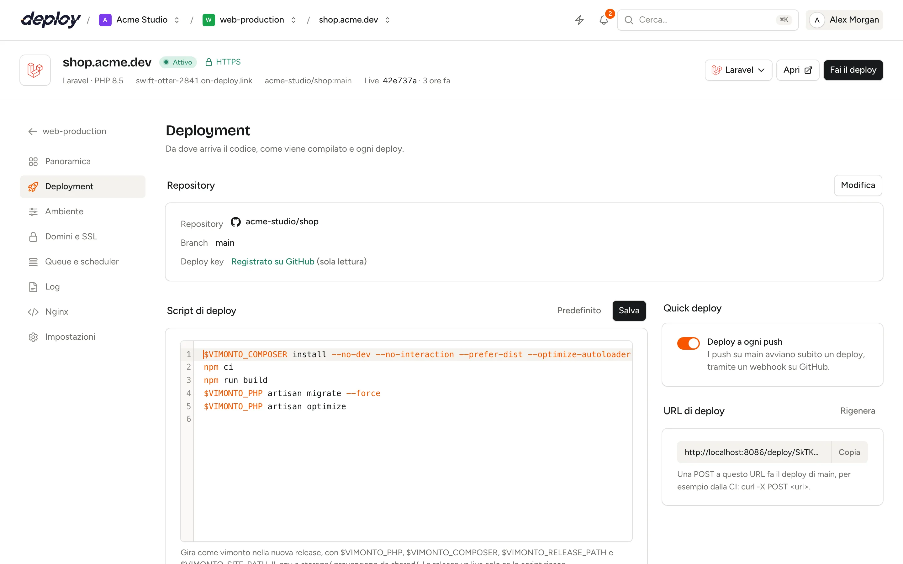 La pagina Deployment con repository, script di deploy, quick deploy, URL di deploy e l'elenco dei deploy