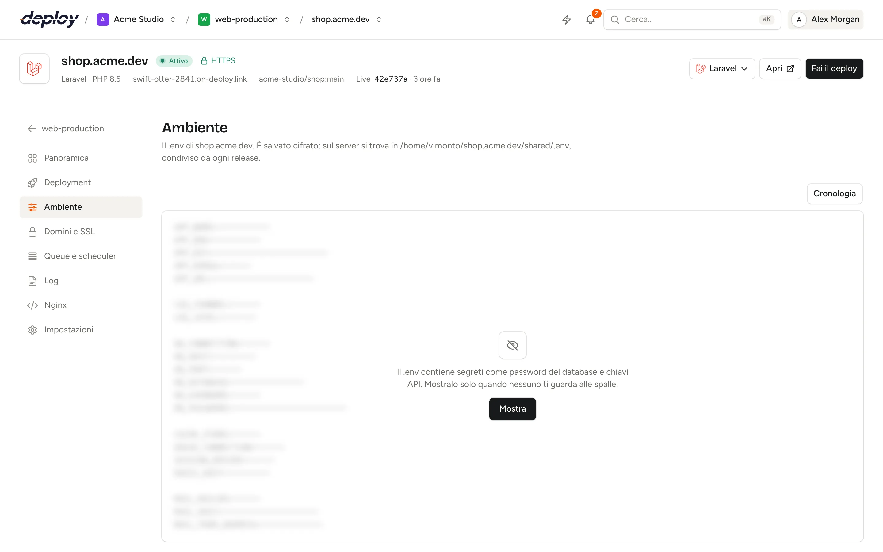 La pagina Ambiente con l'editor del .env