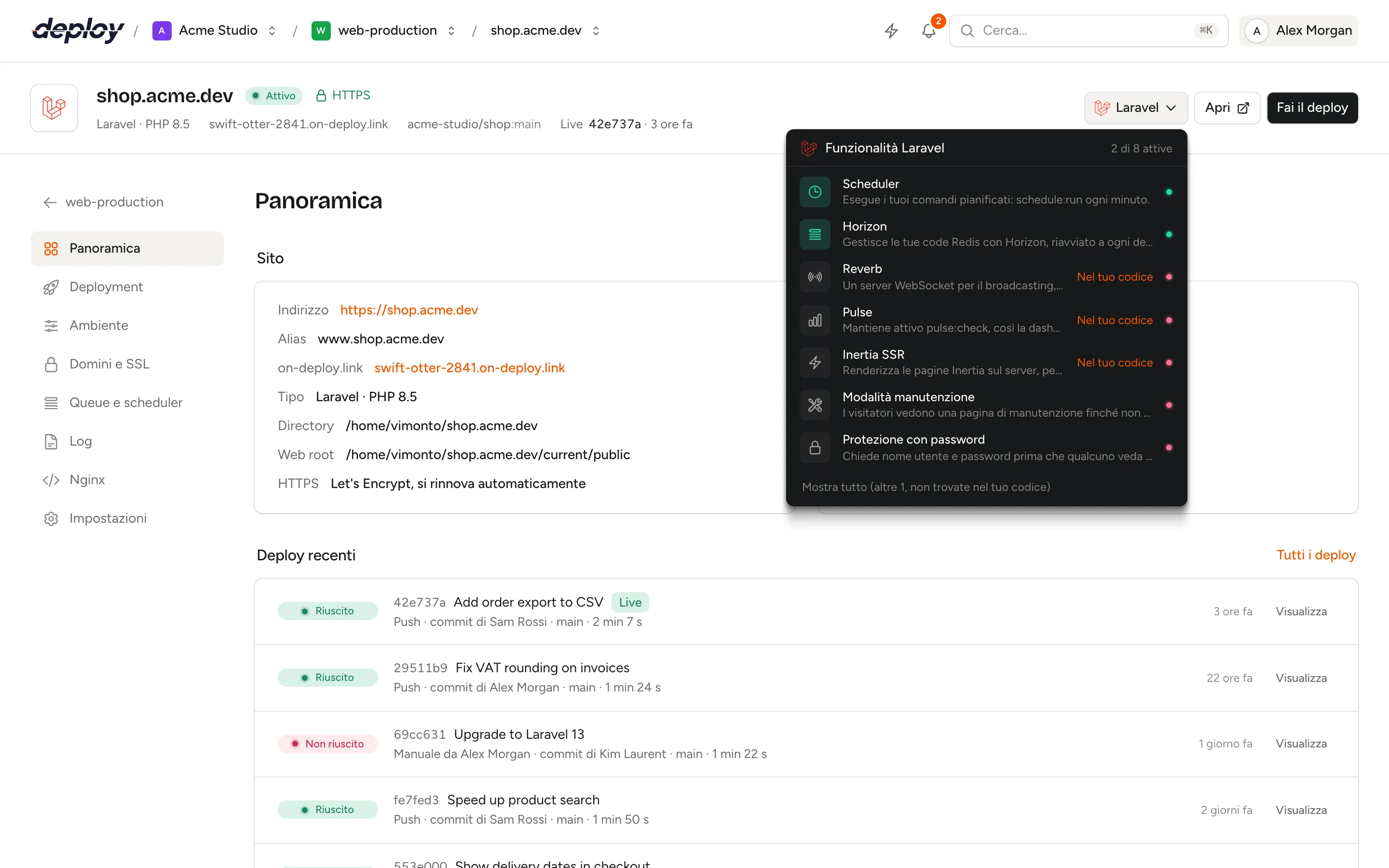 Il menu delle funzionalità Laravel nell'intestazione del sito con Horizon e lo scheduler attivi
