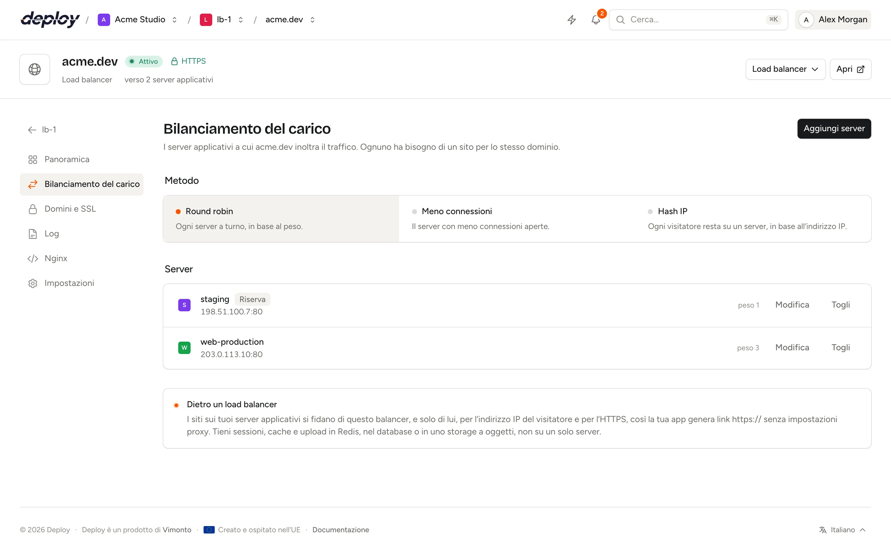 La pagina Bilanciamento del carico di un sito con il metodo di bilanciamento, due app server e i loro pesi