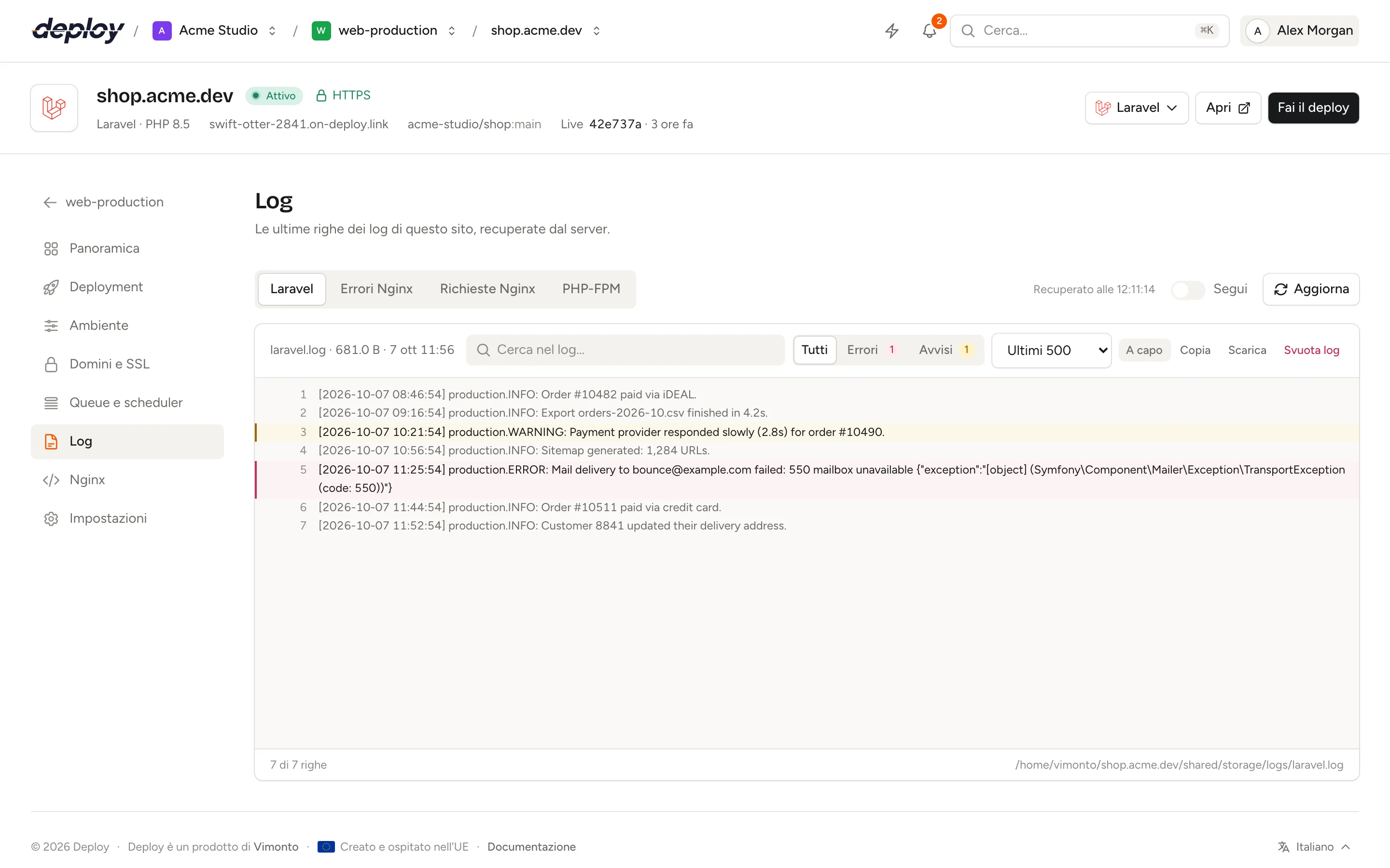 La pagina Log di un sito con il log di Laravel, le righe di errore evidenziate in rosso, un campo di ricerca e i filtri Errori e Avvisi