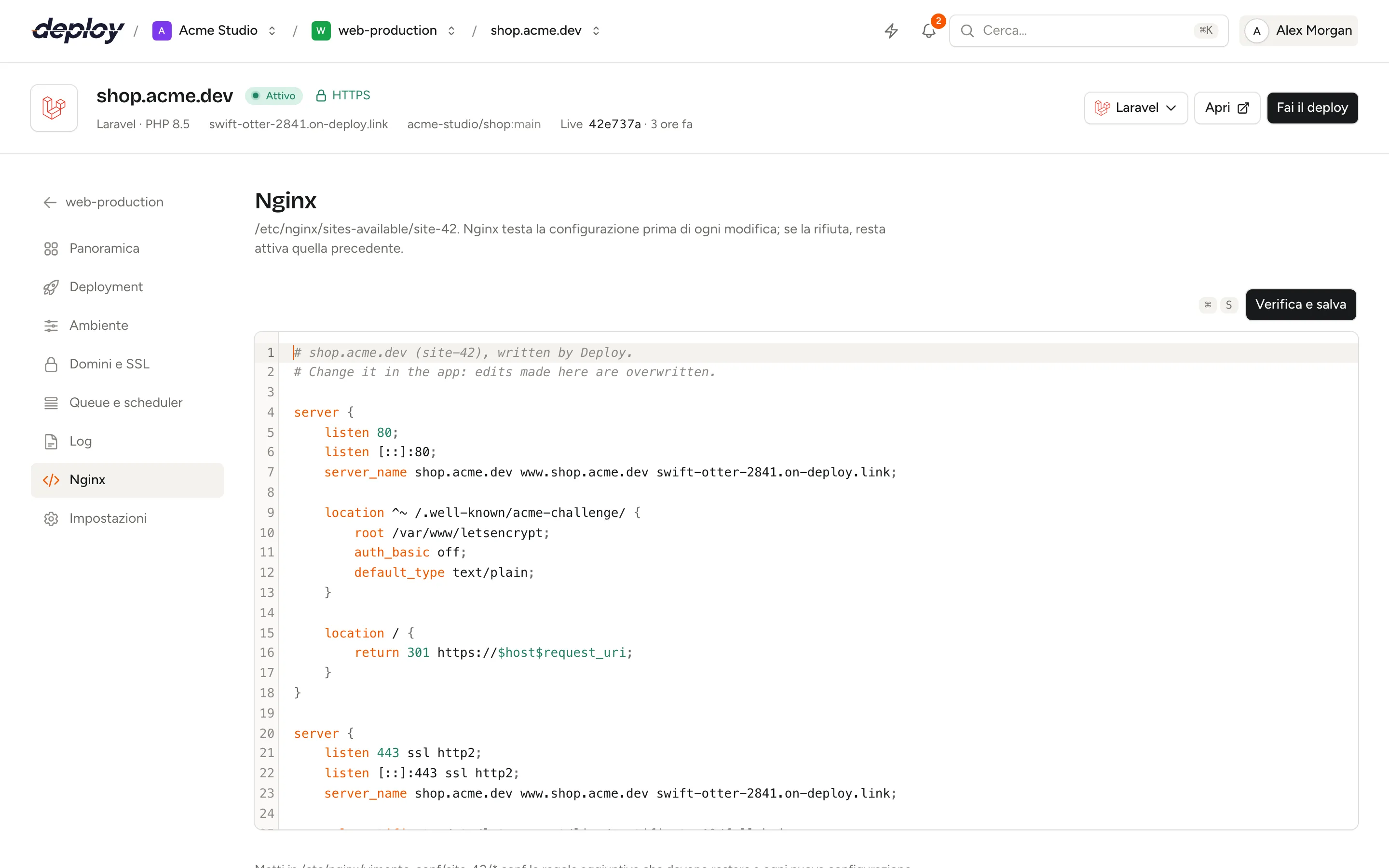 La pagina Nginx di un sito con i server block generati in un editor di codice e il pulsante Verifica e salva