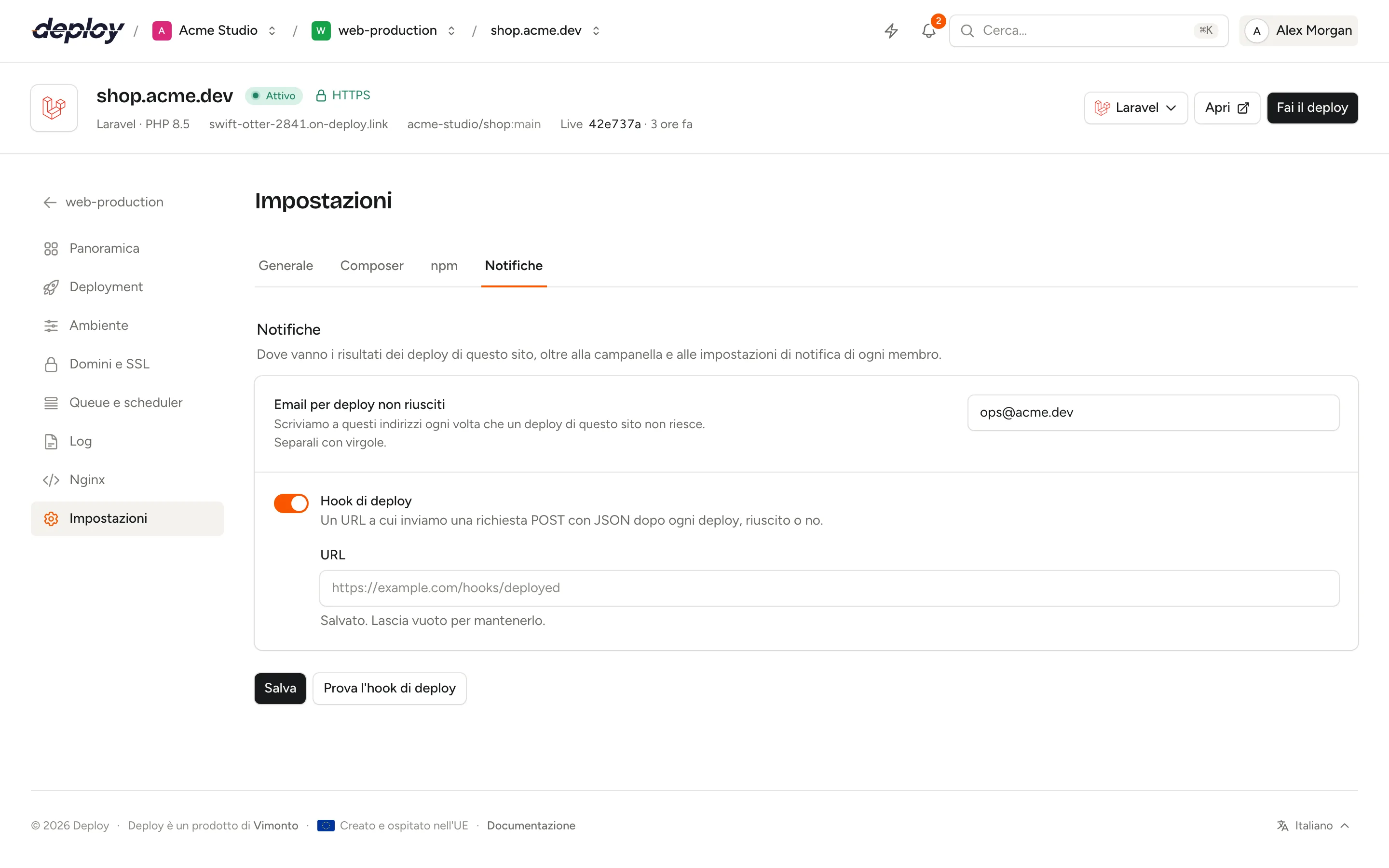 La scheda Notifiche delle impostazioni di un sito con le email per deploy non riusciti e l'hook di deploy