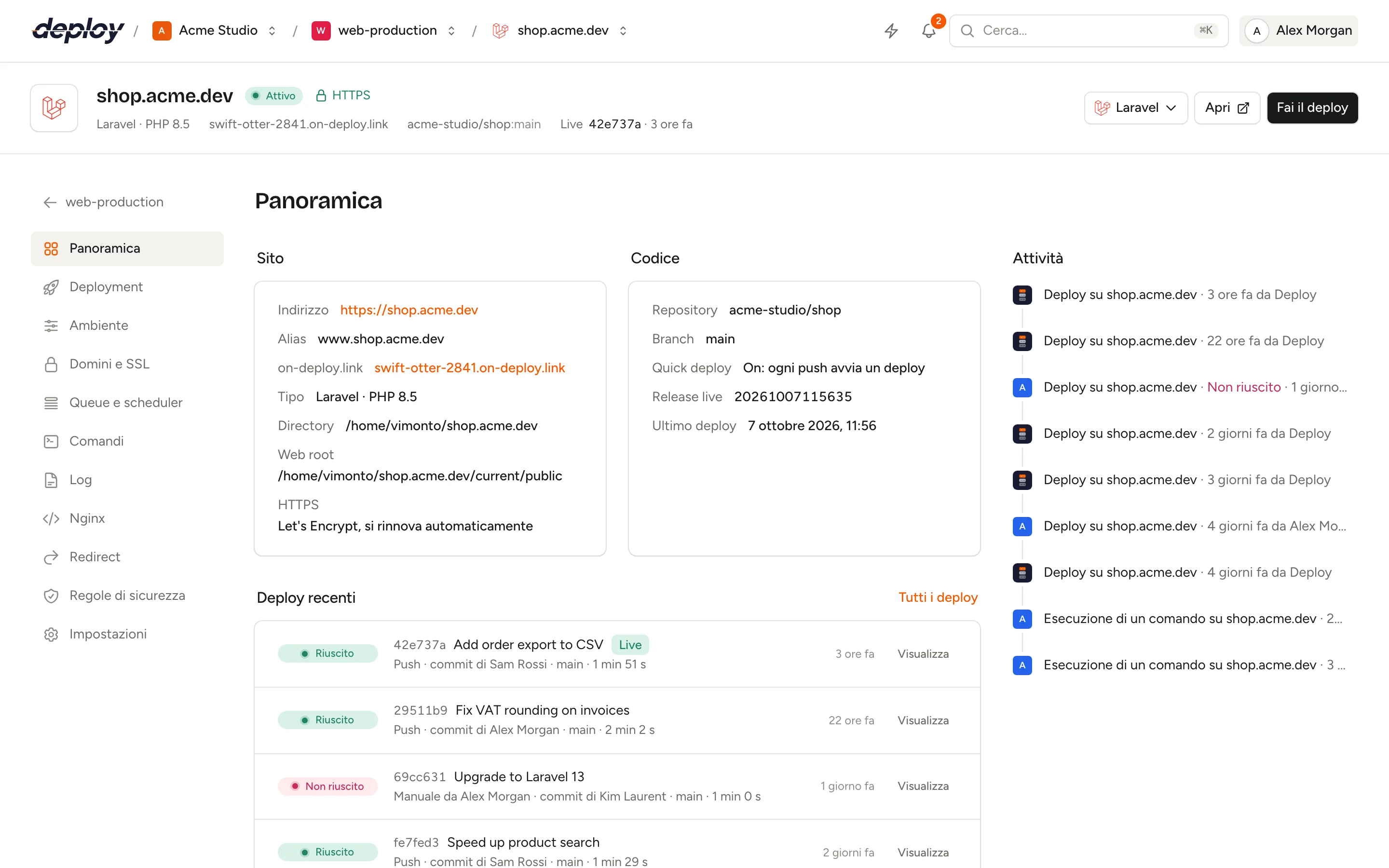 La panoramica di un sito con indirizzo, directory, web root, repository, branch e deploy recenti