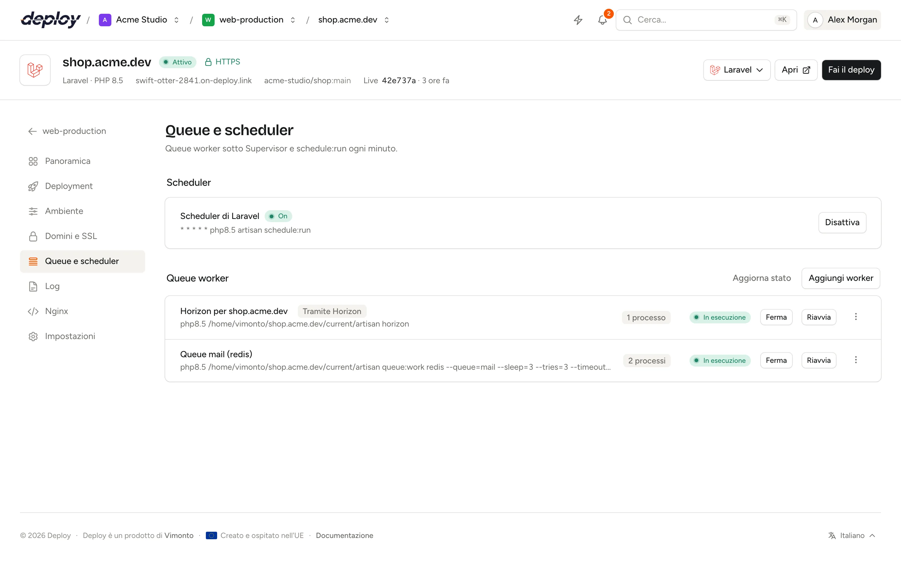 La pagina Queue e scheduler con lo scheduler attivo e due queue worker in esecuzione