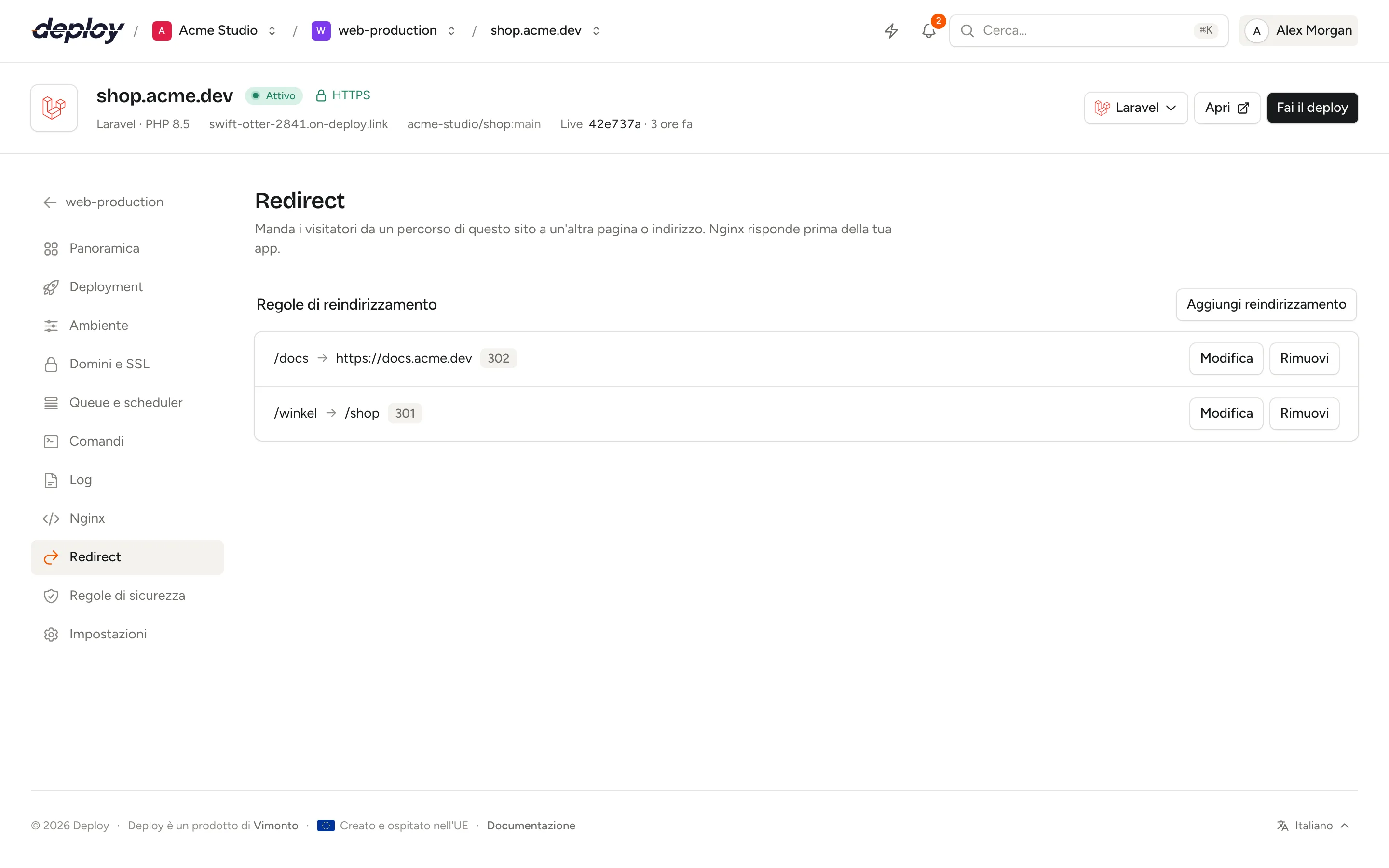 La pagina Redirect di un sito con regole di reindirizzamento da vecchi percorsi a nuove pagine e il loro tipo