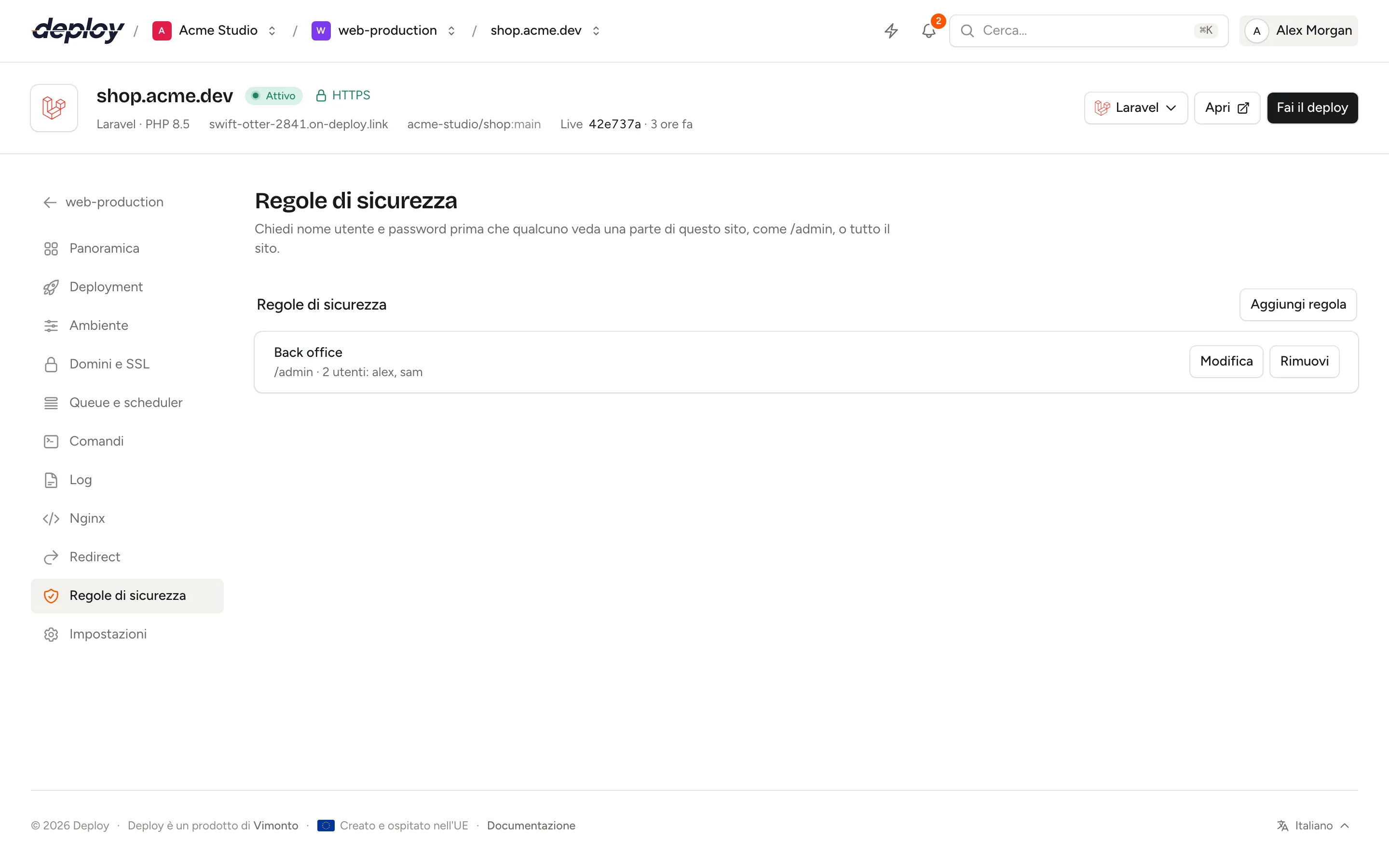 La pagina Regole di sicurezza di un sito con una regola per /admin e i suoi utenti