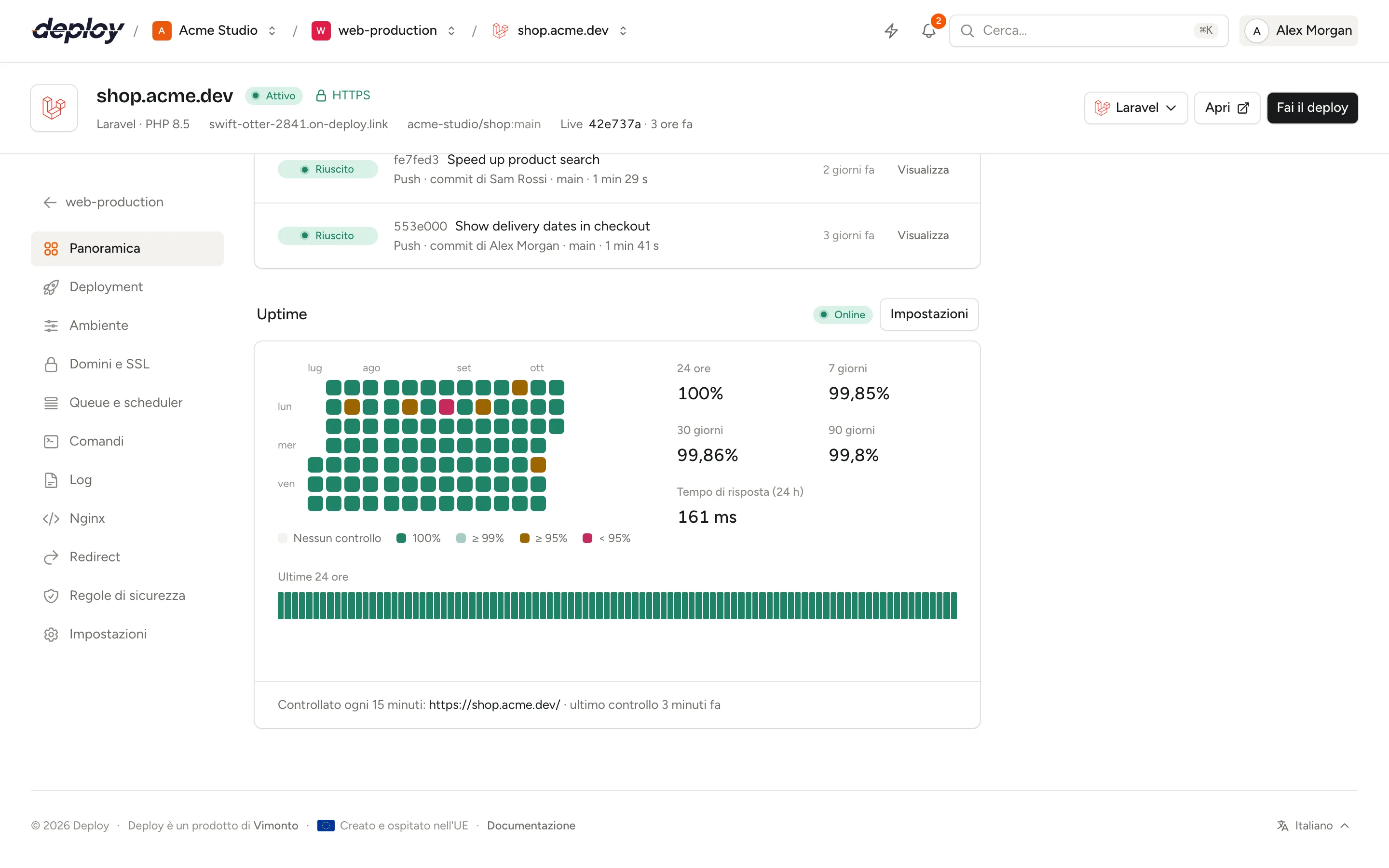 Il pannello Uptime di un sito con lo stato, le percentuali di uptime, una griglia di 90 giorni e una striscia delle ultime 24 ore