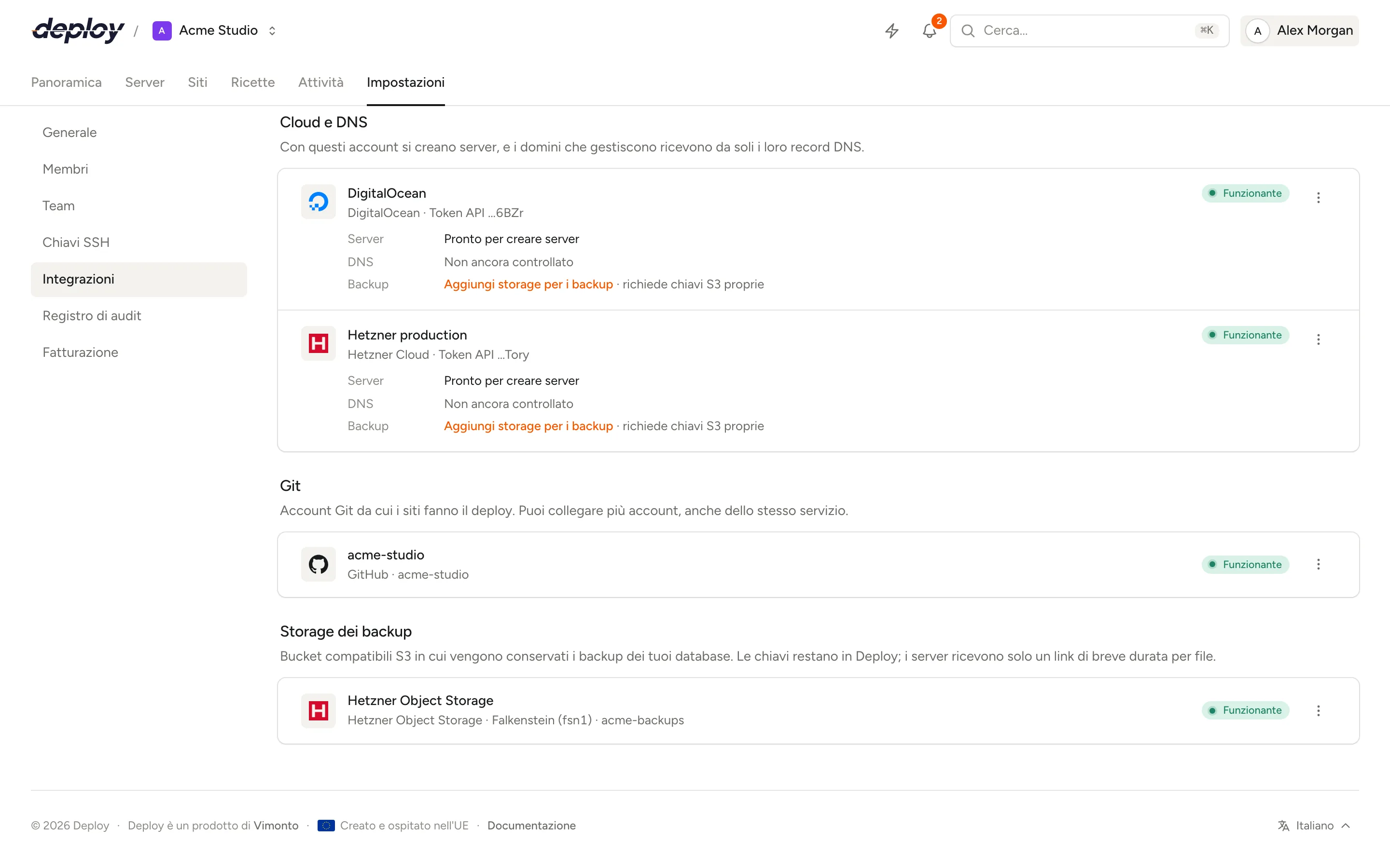 La sezione Storage dei backup nelle integrazioni di un'organizzazione