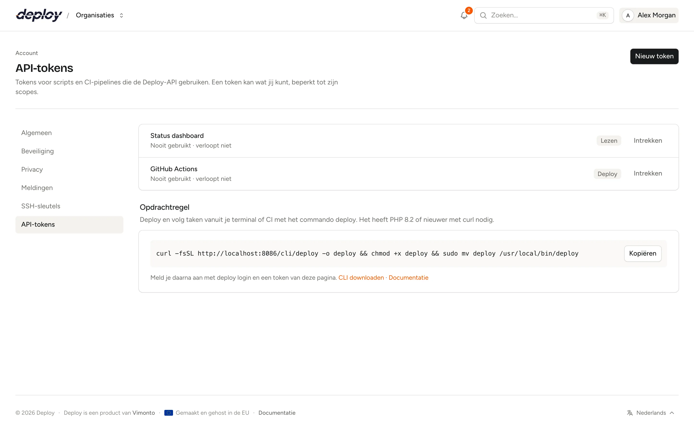 De pagina API-tokens met een lijst tokens en hun scopes