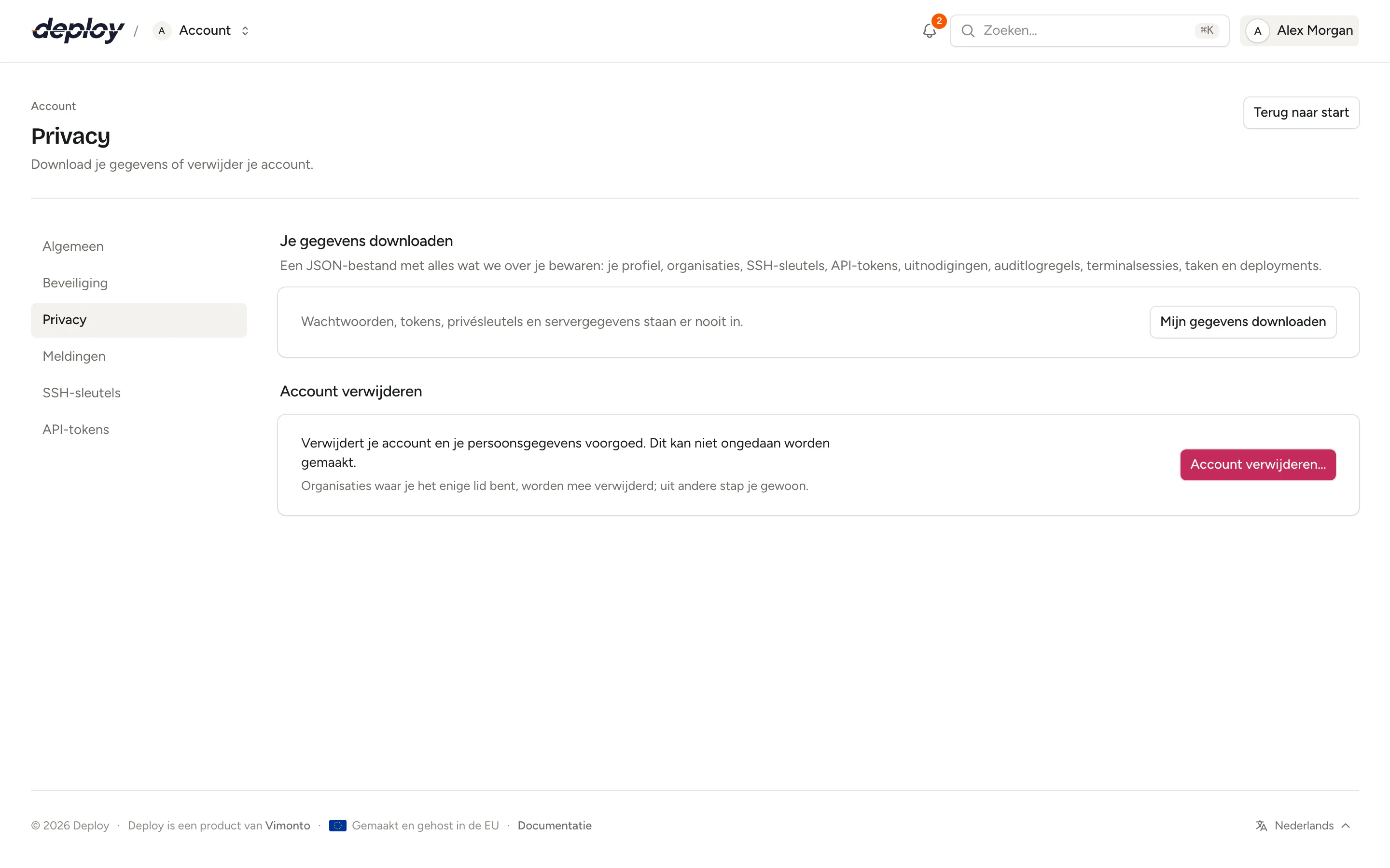 De privacypagina met het downloaden van je gegevens en het verwijderen van je account
