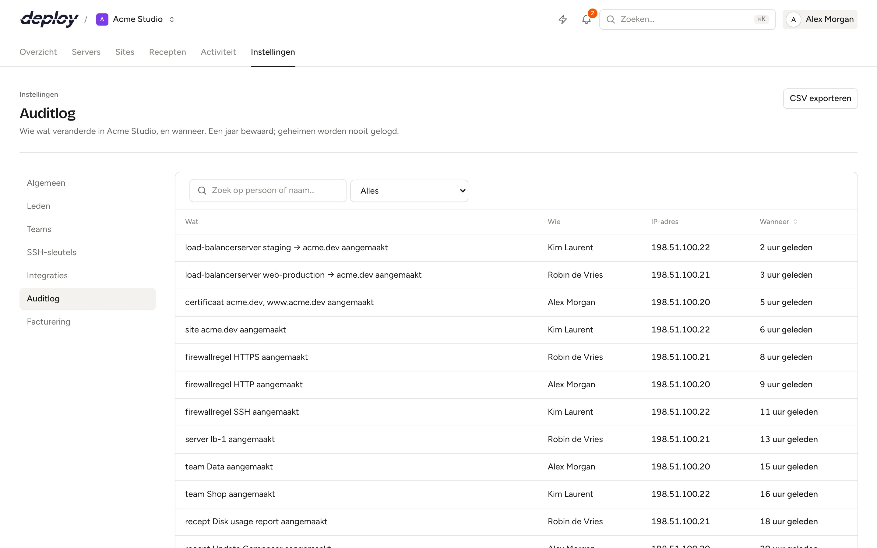 Het auditlog met wat er is gewijzigd, wie het deed, het IP-adres en wanneer