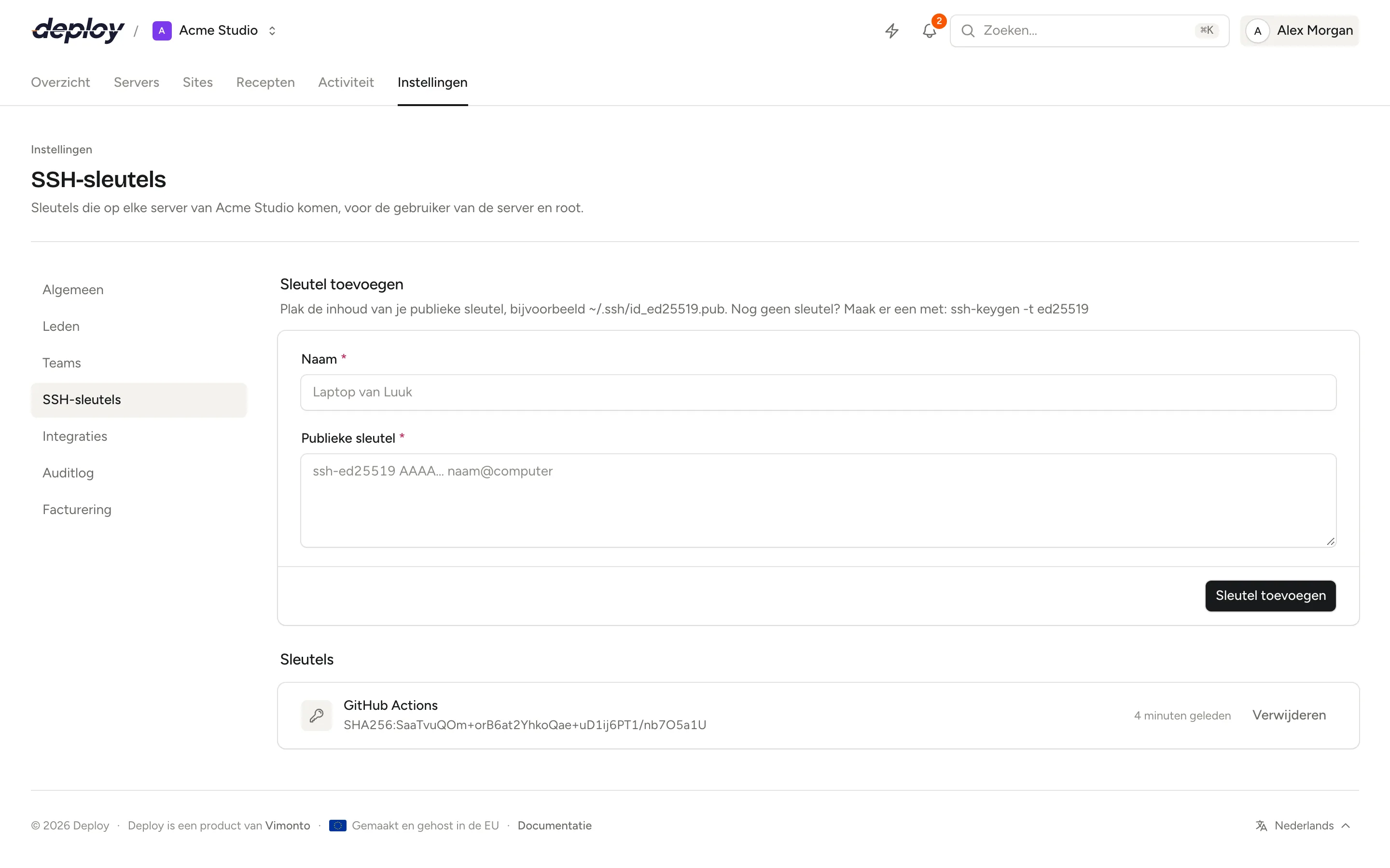De pagina SSH-sleutels van de organisatie in de instellingen