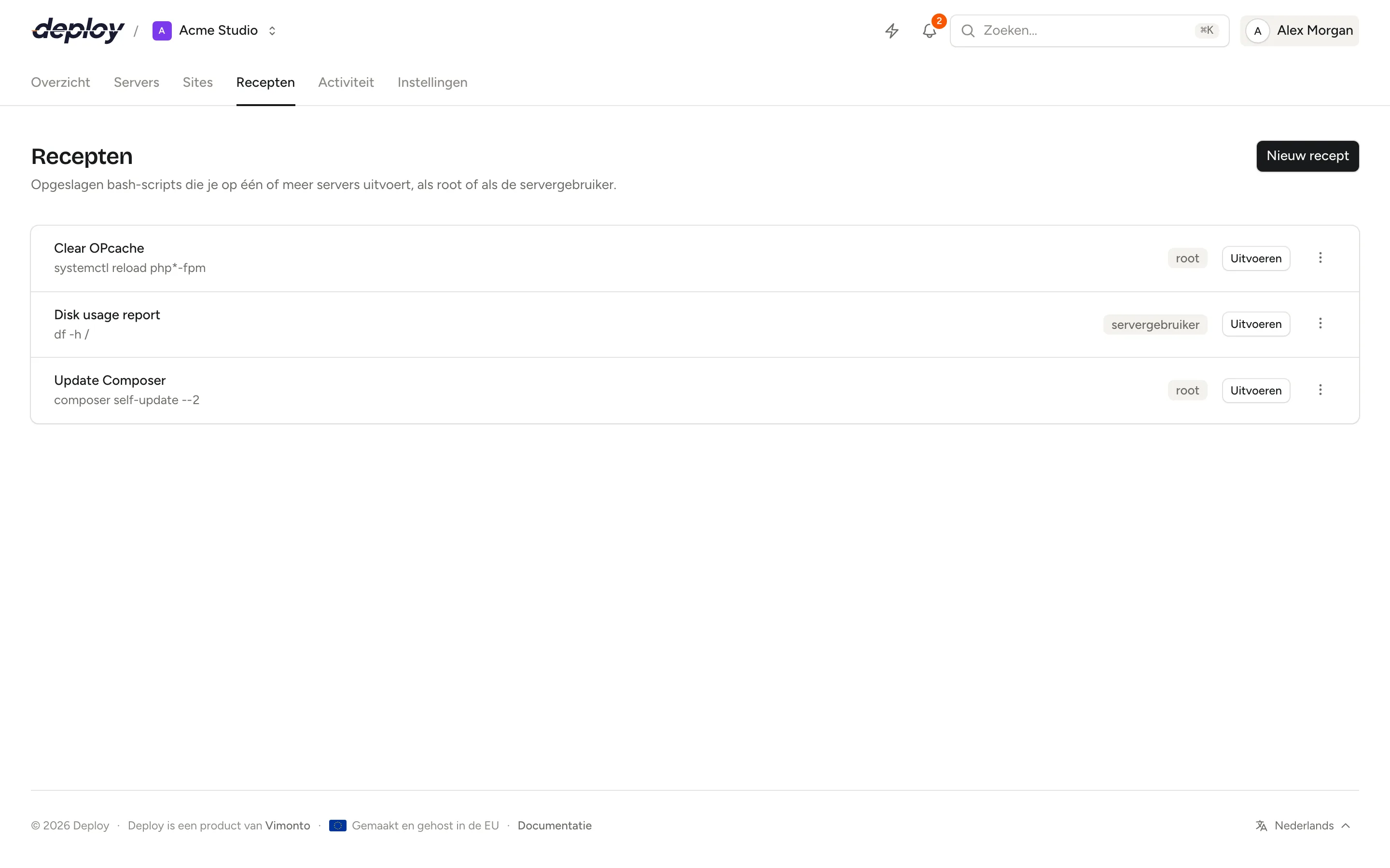 De pagina Recepten met opgeslagen recepten en de recente uitvoeringen per server