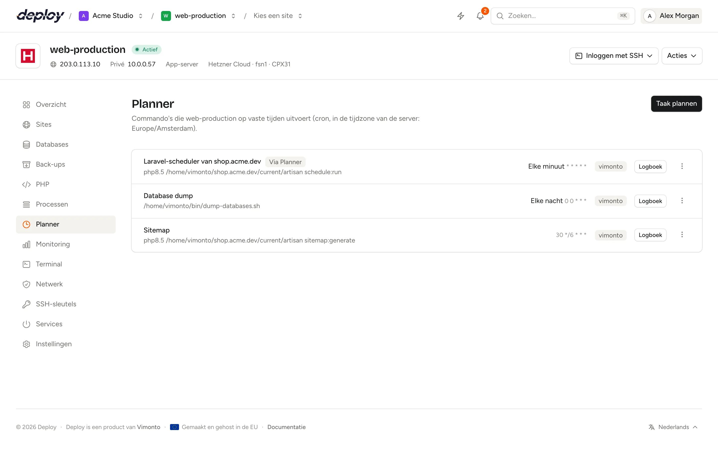 De pagina Planner met de standaardtaken en een Laravel-schedulertaak die elke minuut draait