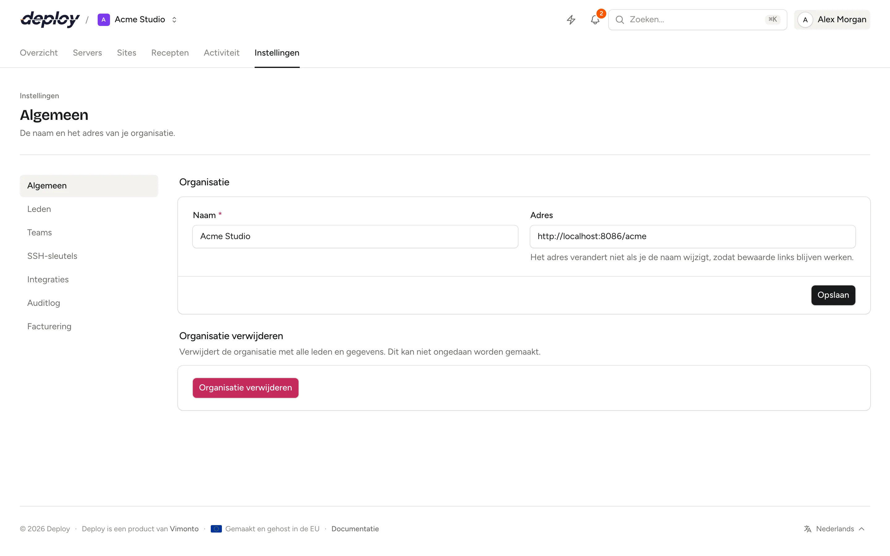 De algemene instellingen van een organisatie met de naam en het adres