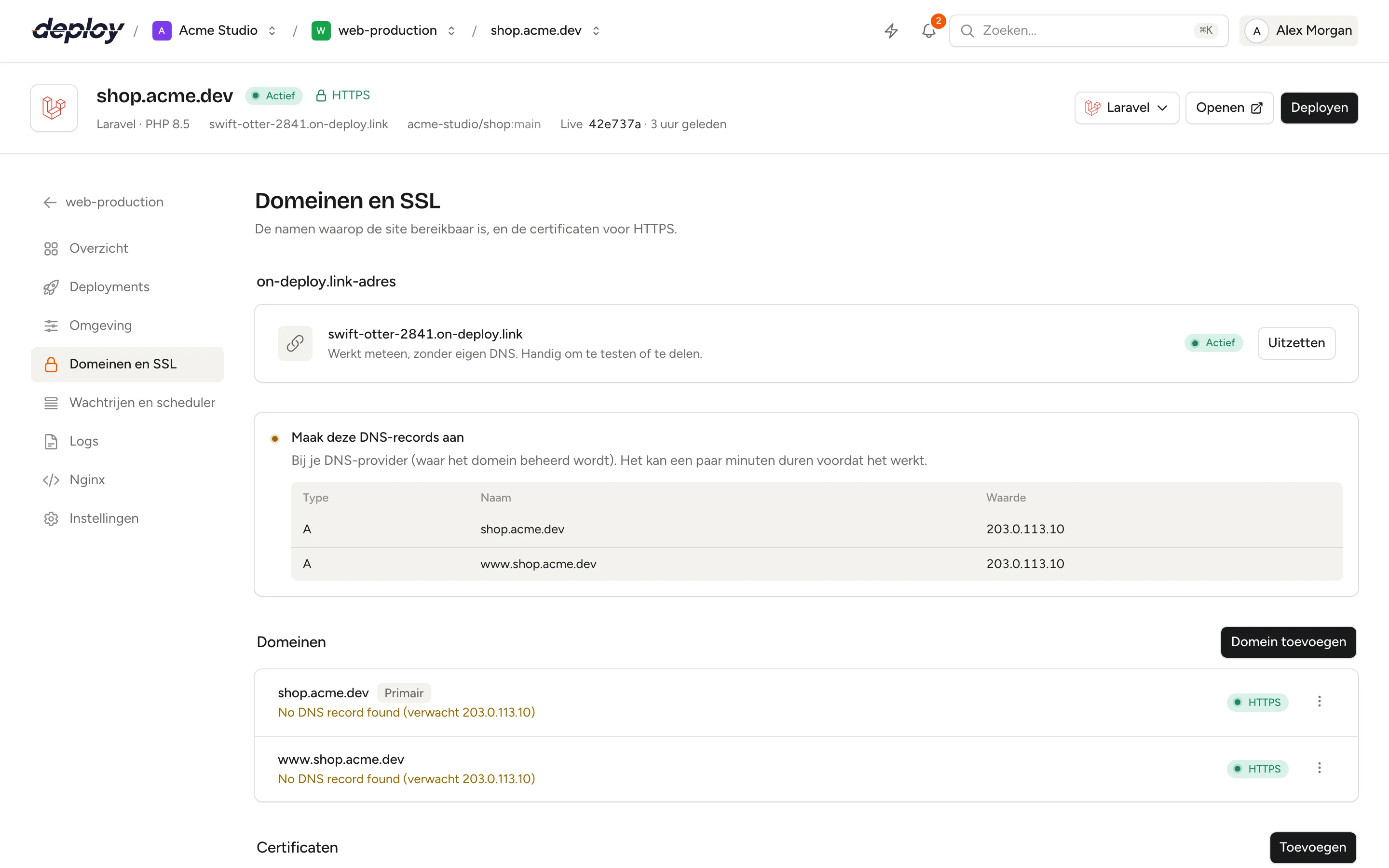 De pagina Domeinen en SSL met het gegenereerde adres, de domeinen van de site en de certificaten