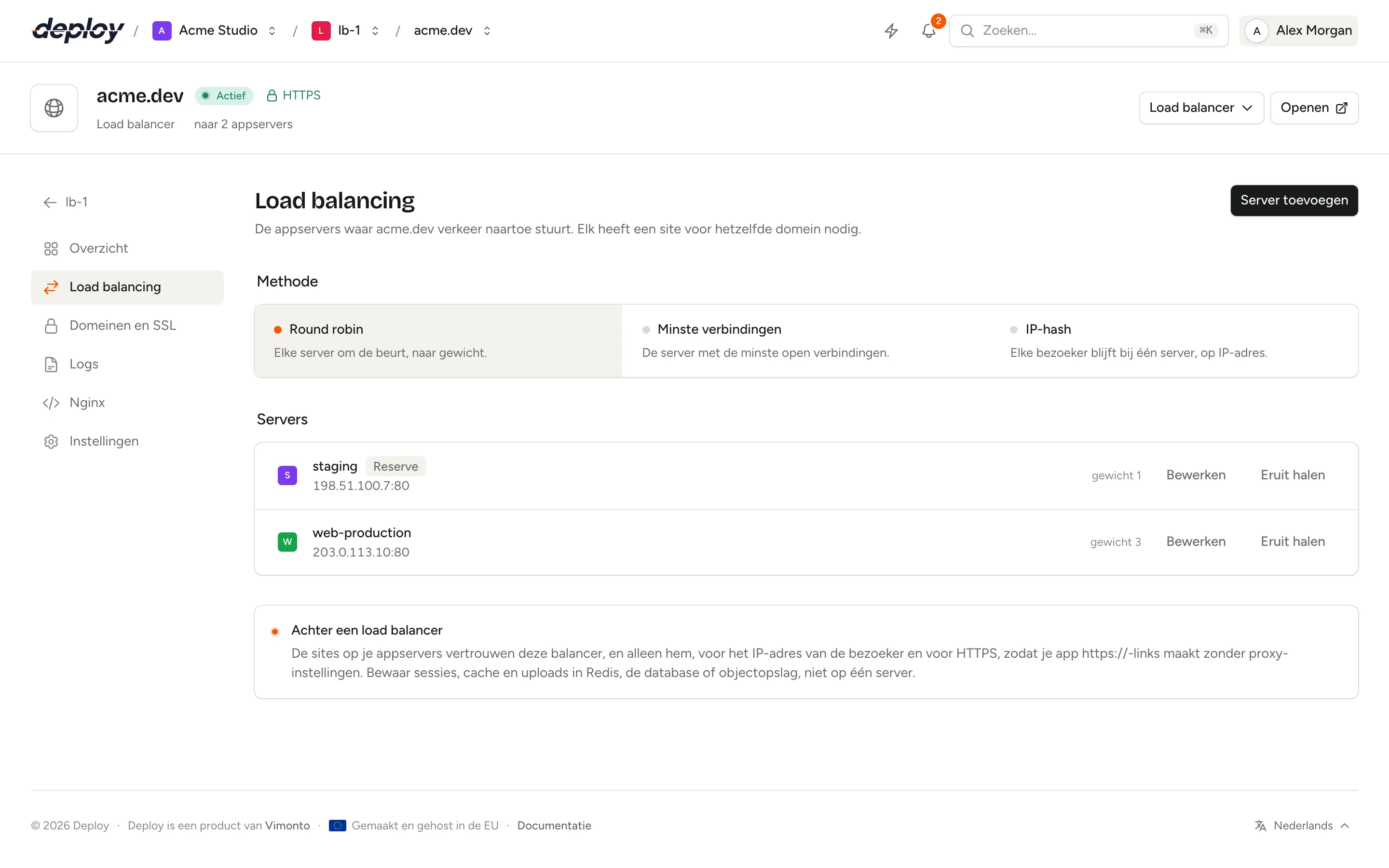 De pagina Load balancing van een site met de balanceermethode, twee app-servers en hun gewichten