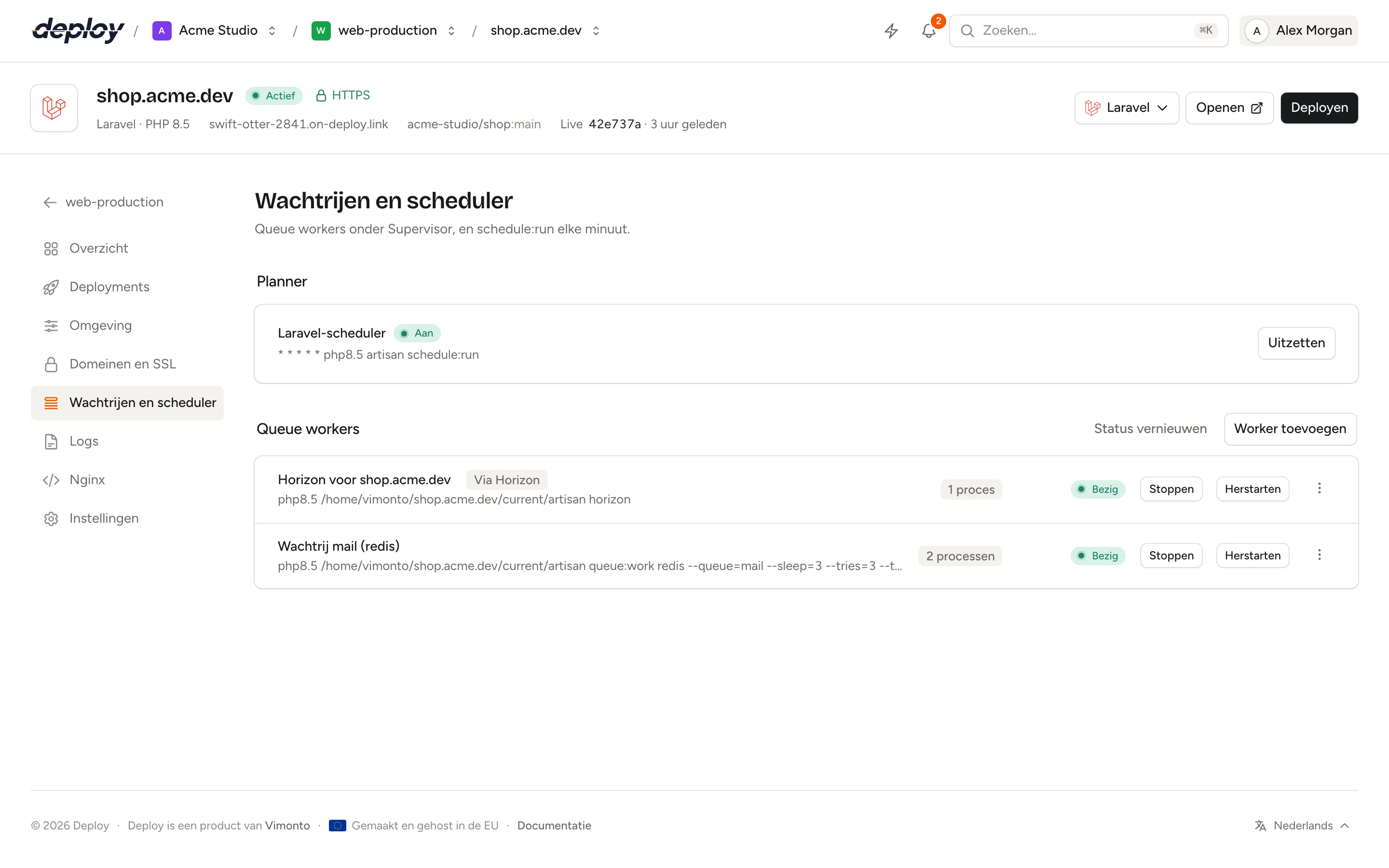 De pagina Wachtrijen en scheduler met de planner aangezet en twee draaiende queue workers